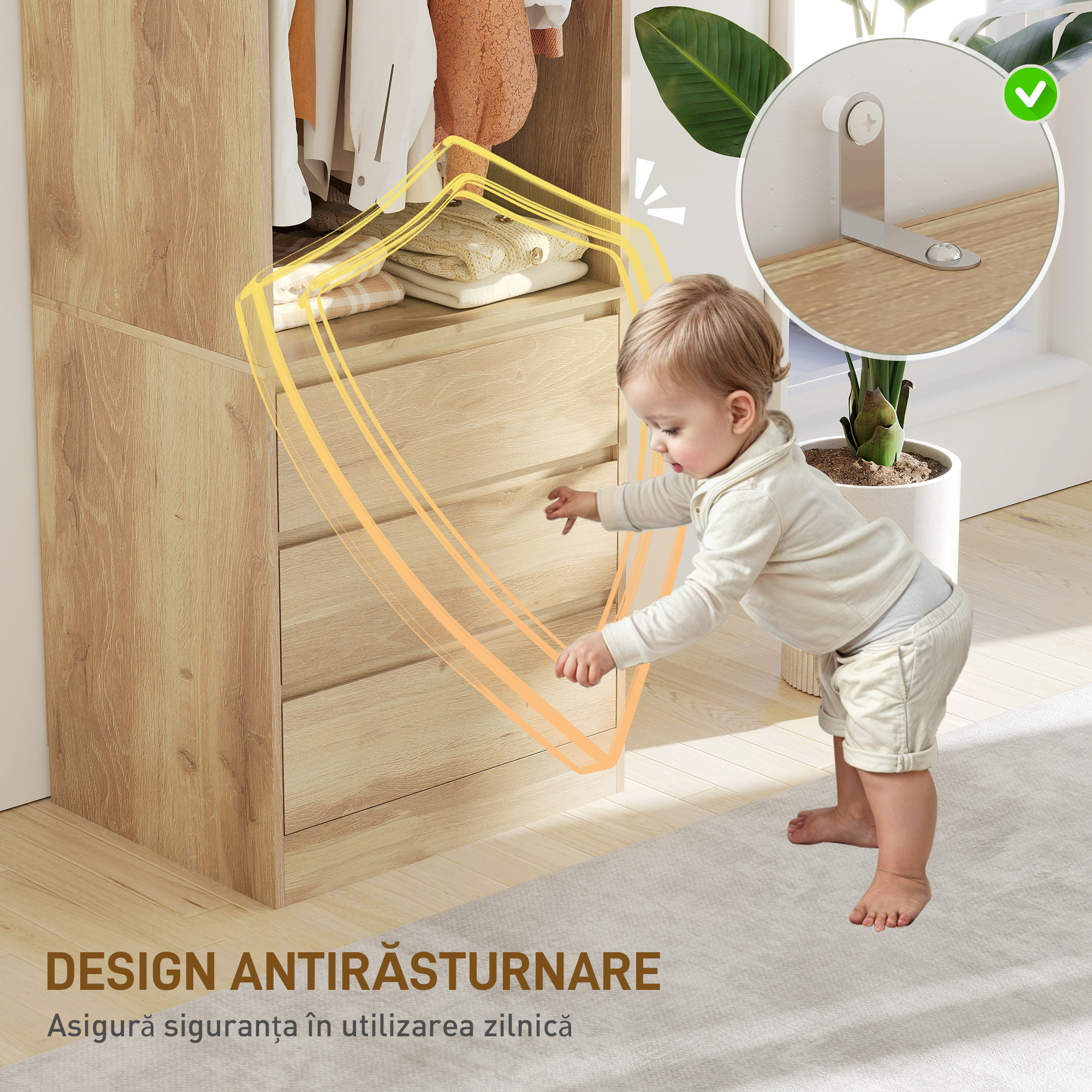  Dulap Garderoba cu Bara pentru Umerase, Raft Deschis si 3 Sertare, din Lemn, 60x48,5x185 cm, culoare Teak [4]