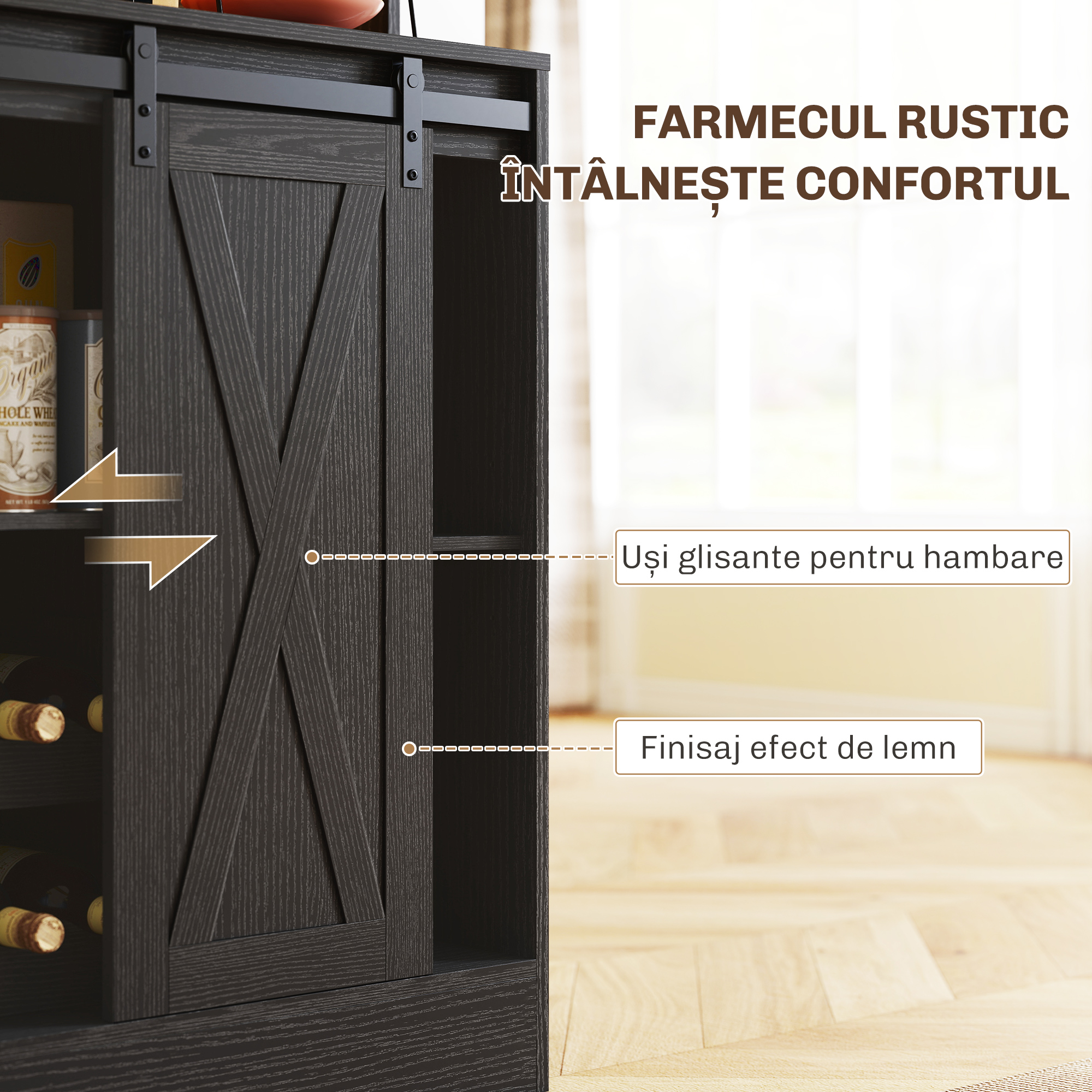  Bufet de Bucatarie cu Suport pentru Sticle, Priza si Iluminare LED, Negru [6]