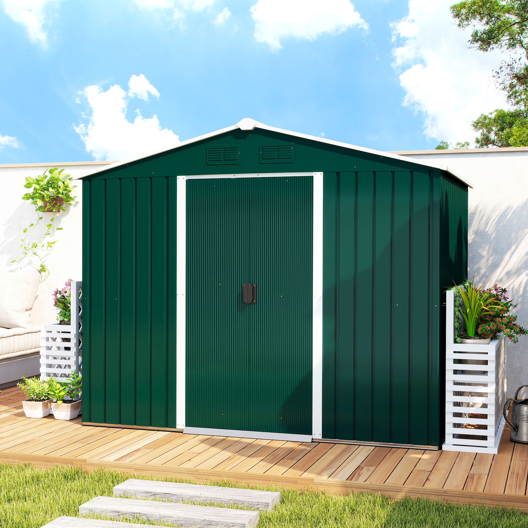  Magazie de Gradina 3,6m² din Foi de Otel cu 2 Usi Glisante si 4 Guri de Aerisire, 236x174x190 cm, Verde [7]