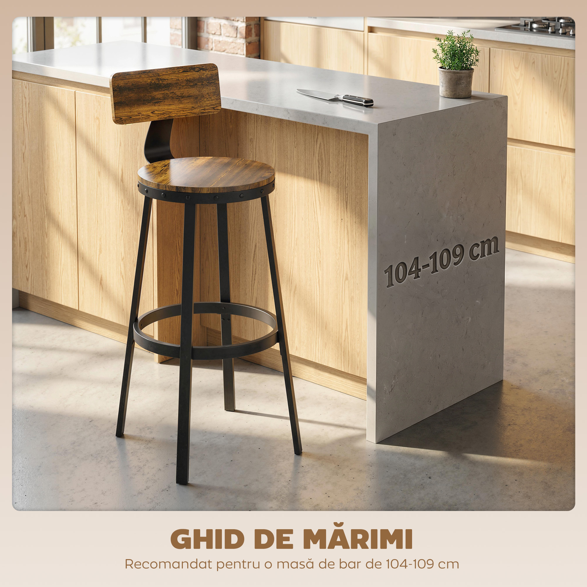  Set 2 Scaune de Bar, sezuturi Rustice cu Spatar si Suport pentru Picioare, Maro Rustic [6]