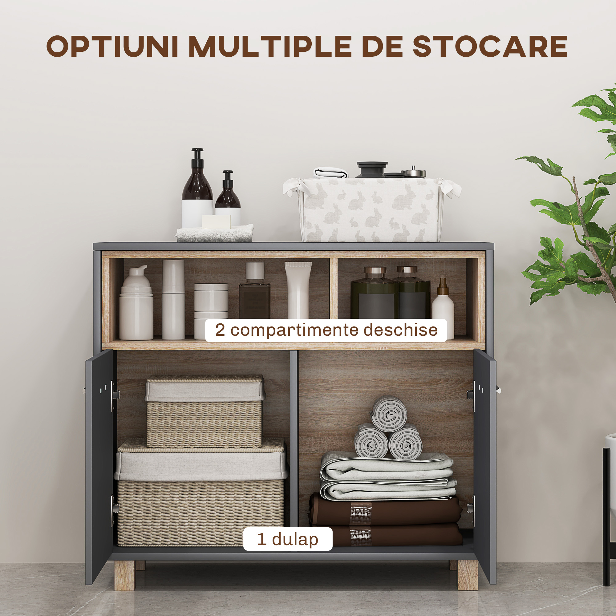  Mobilier de Baie cu Rafturi Deschise si Dulapior cu 2 Usi, Dulap de Baie Spatios cu Manere, 80x35x70 cm, Gri [3]