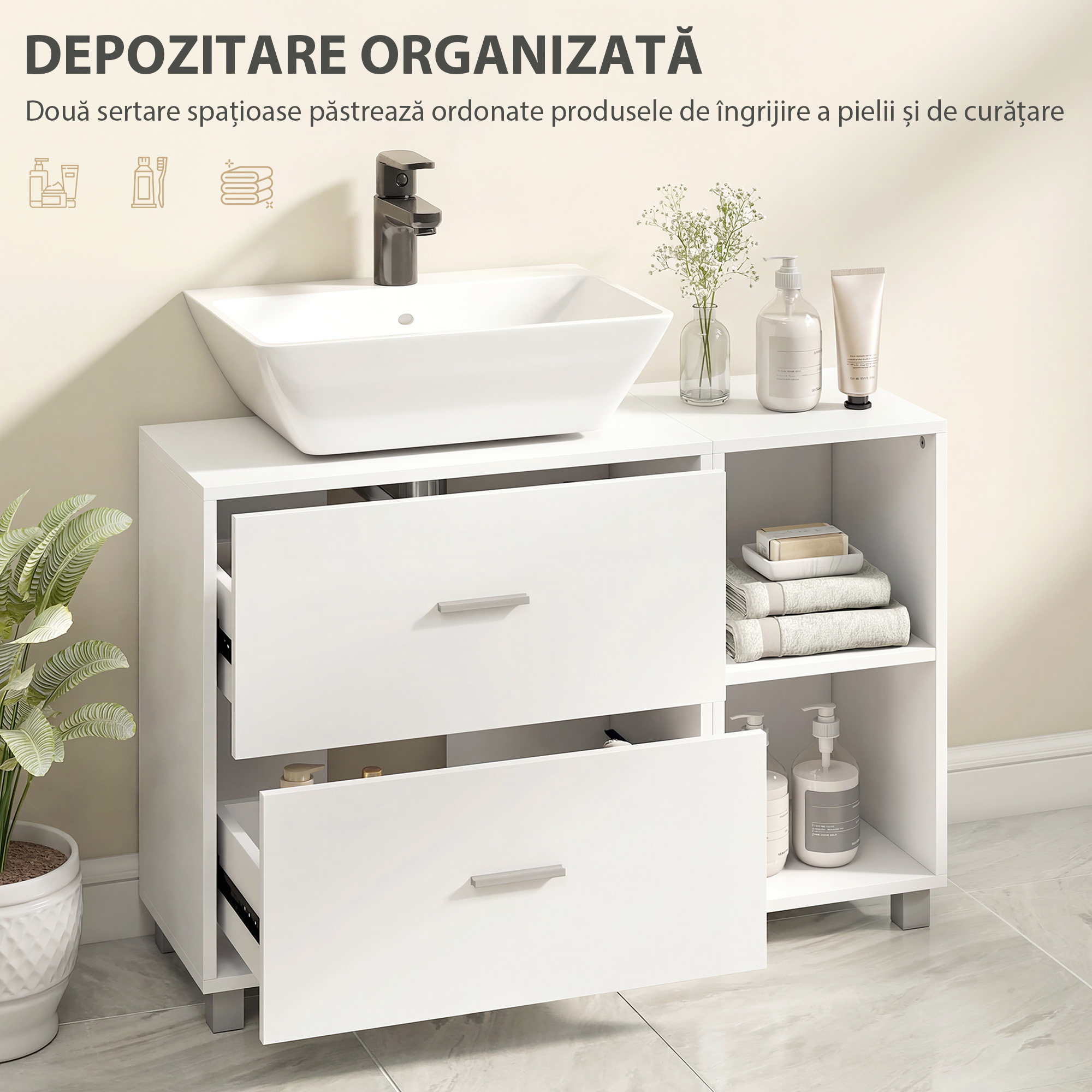  Dulap pentru baia de sub chiuveta, cu 2 sertare si rafturi deschise, din lemn, 90x30x60 cm, alb [4]