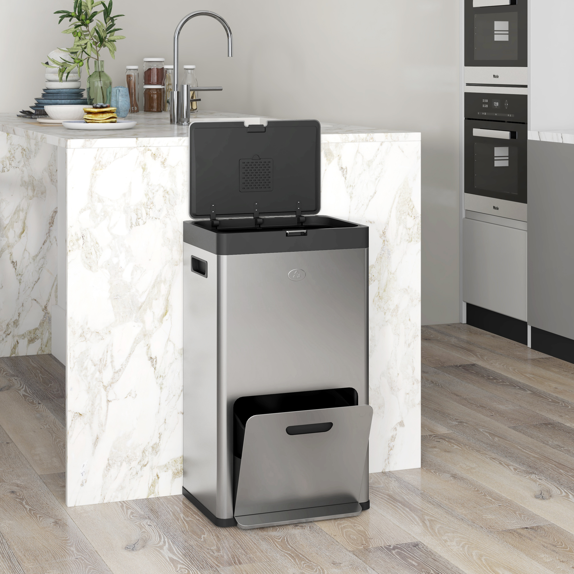  Cos de Gunoi cu 3 Compartimente de 56L, Pedala si inchidere Silentioasa, 45,7x35,8x76 cm, Argintiu [8]