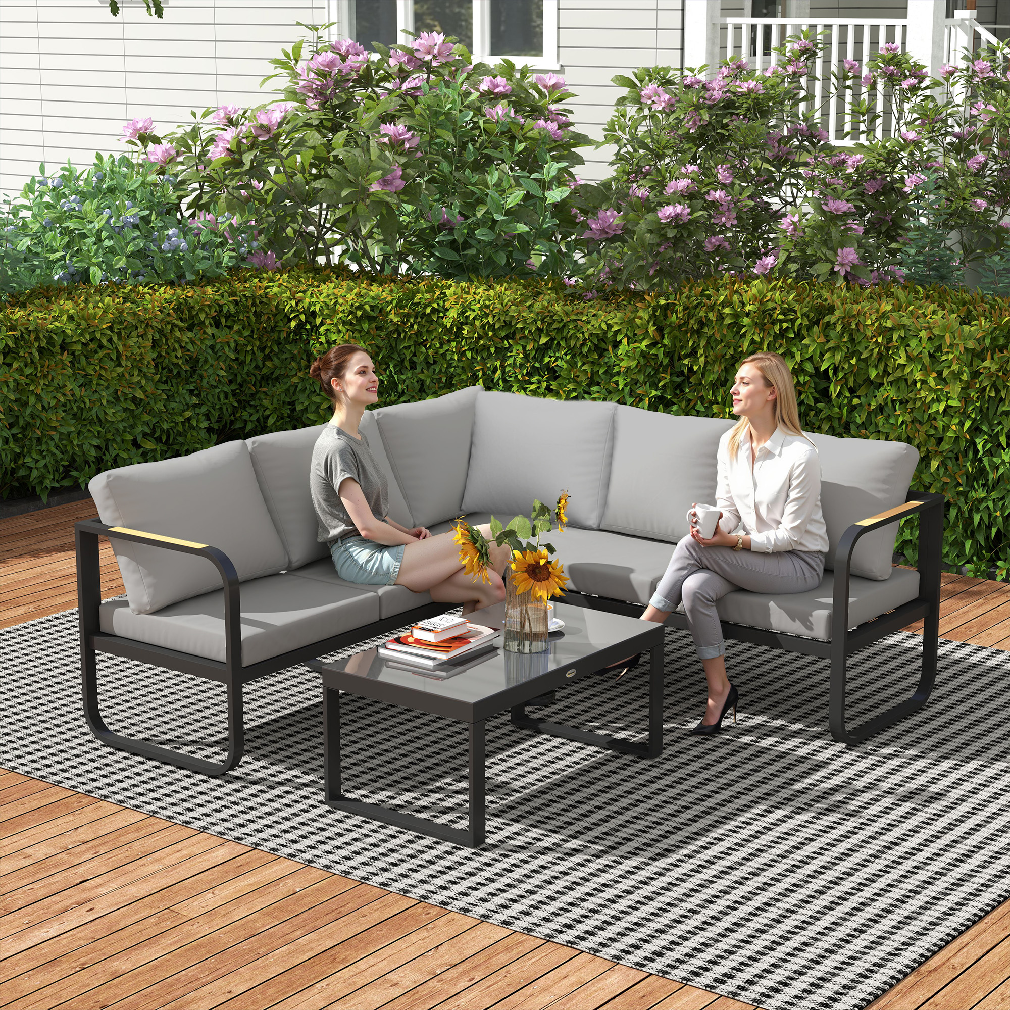  Set Mobilier de Gradina cu Canapea cu 3 Locuri, Canapea cu 2 Locuri si Masuta de Cafea, 180x60x64 cm, Gri [1]