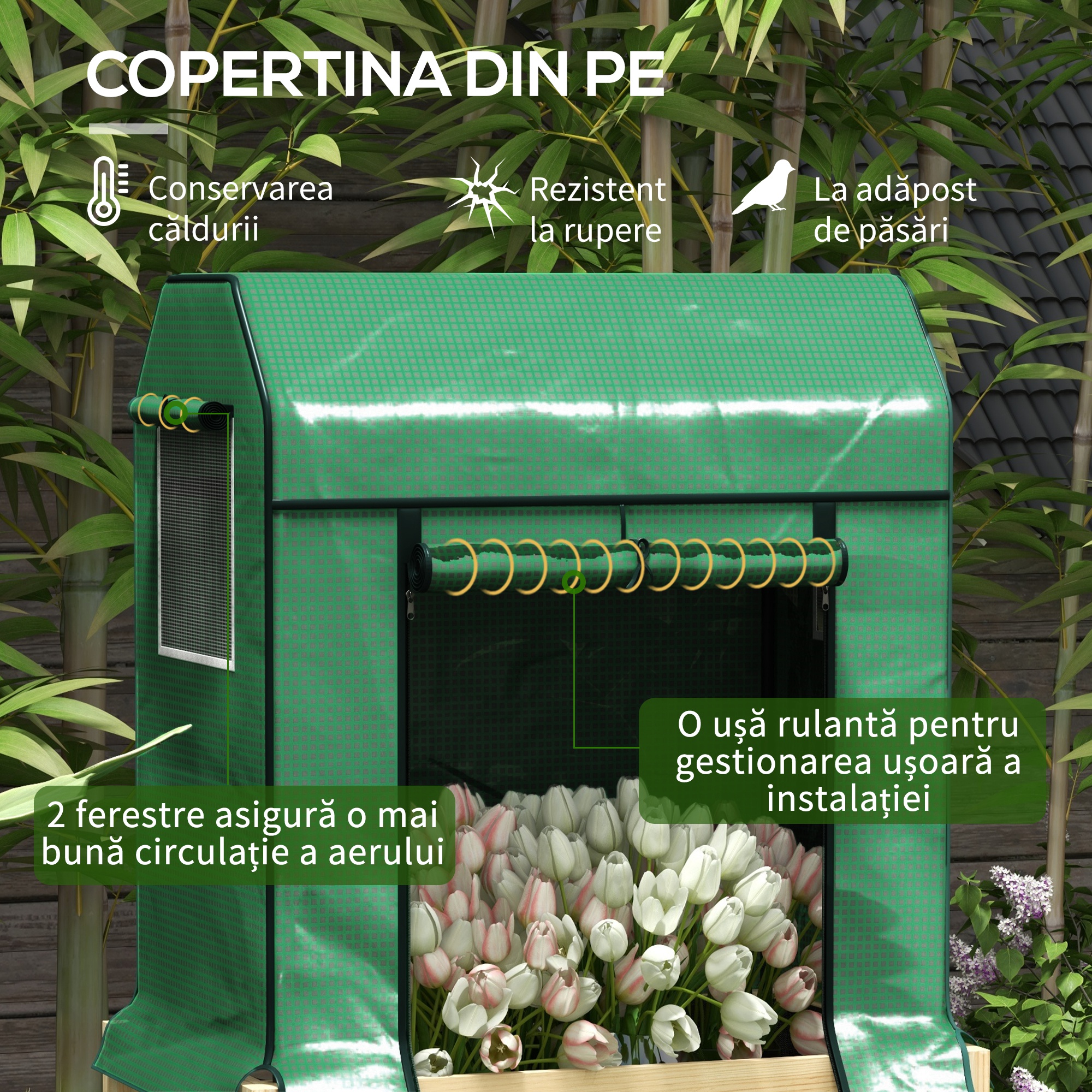  Patura inaltata pentru gradina cu acoperire din PE verde si structura din lemn, 80x60x165cm [3]