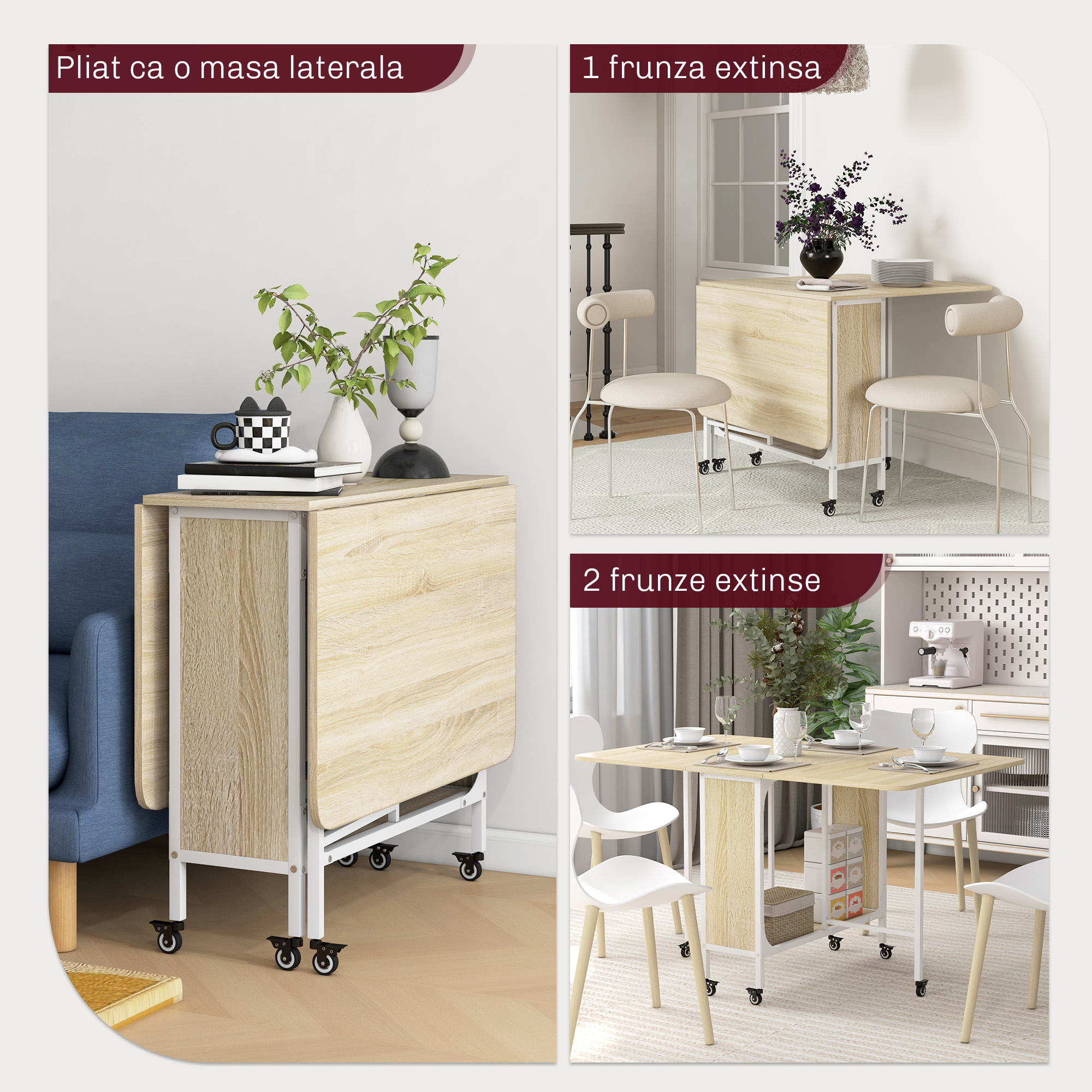  Masa de Dining Pliabila pentru 6 Persoane, cu Raft, din Lemn si Metal, 130x80x74 cm, Alb si Culoare Lemn [3]