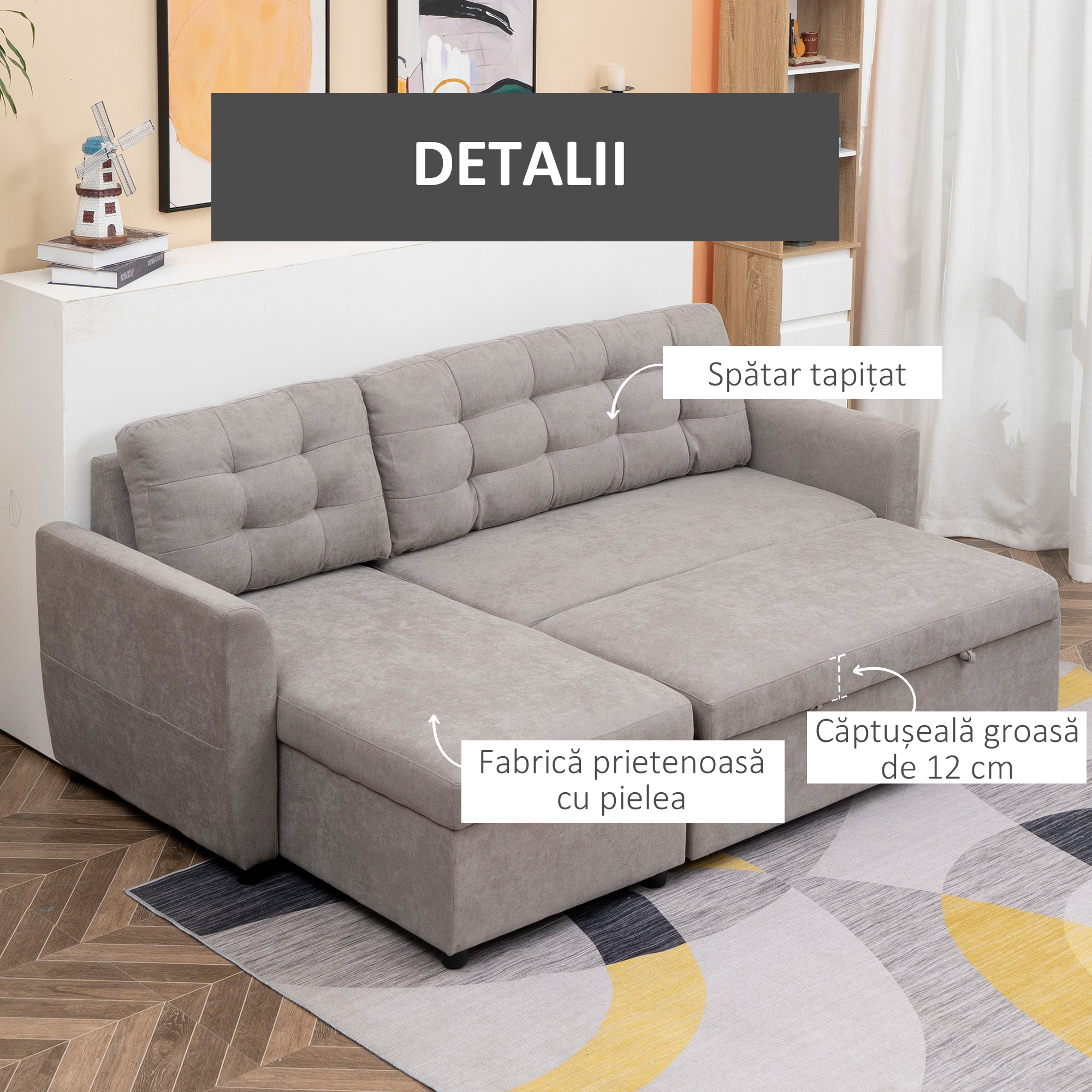  Canapea Extensibila pe Colt 3 locuri cu Sezlong Compartiment din Material Textil [4]