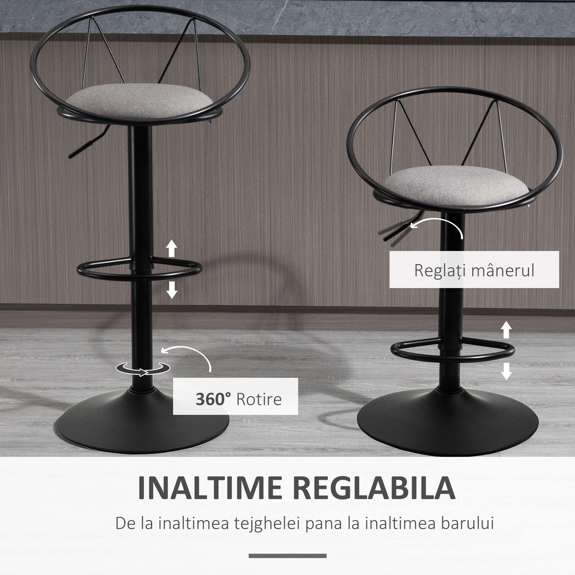  Set 2 Scaune de Bar - Pivotante, Maro, Reglabile 78-100 cm [4]