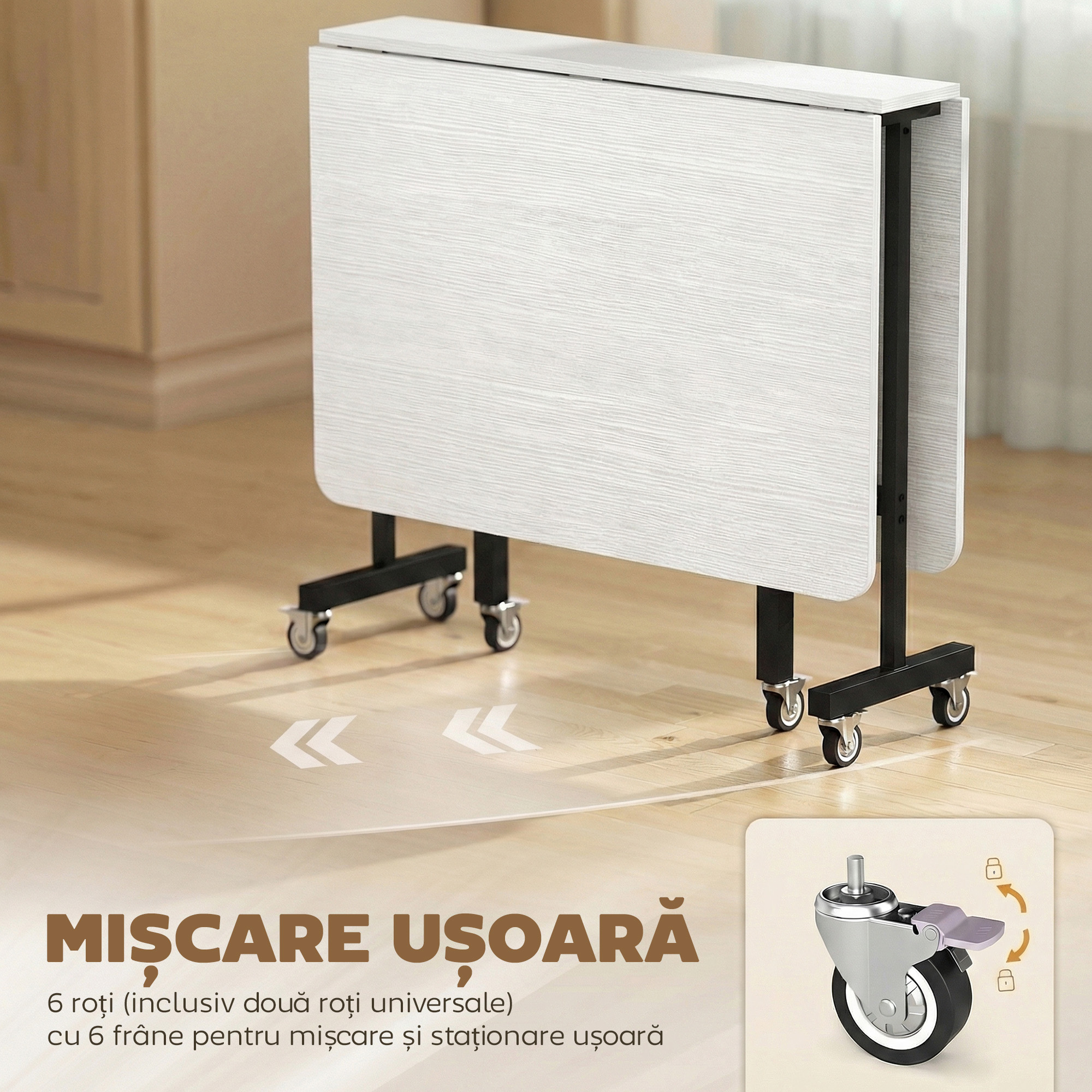  Masa pliabila pentru 4-6 persoane cu 2 extensii si roti cu frana, 120x80x73 cm, alb cu aspect de lemn [5]
