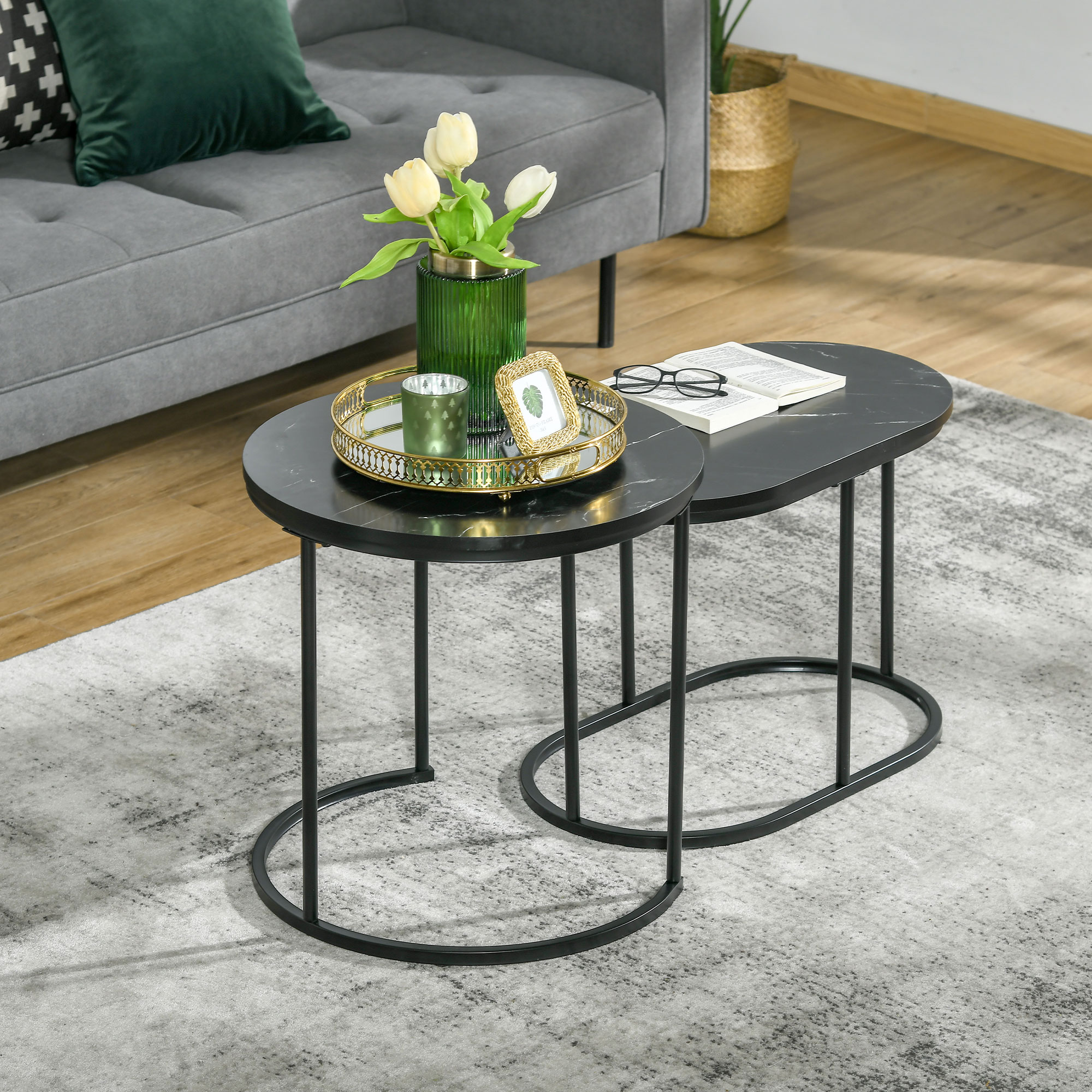  Set 2 Masute de Cafea cu Blat cu Efect de Marmura din MDF si Otel Negru [1]
