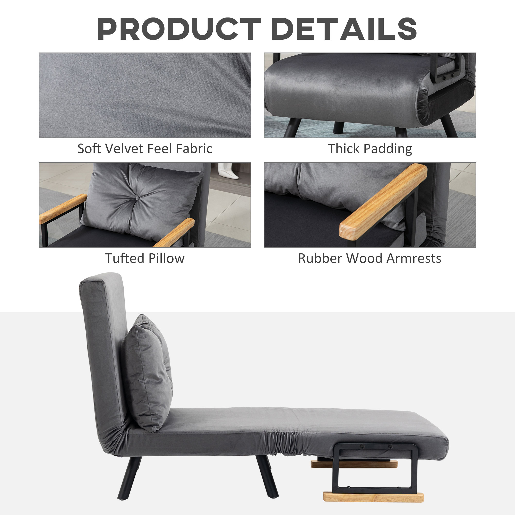  Fotoliu Pat 3 in 1 cu Spatar Rabatabil in 5 pozitii si Perna, 63x73x81 cm, Gri inchis [5]