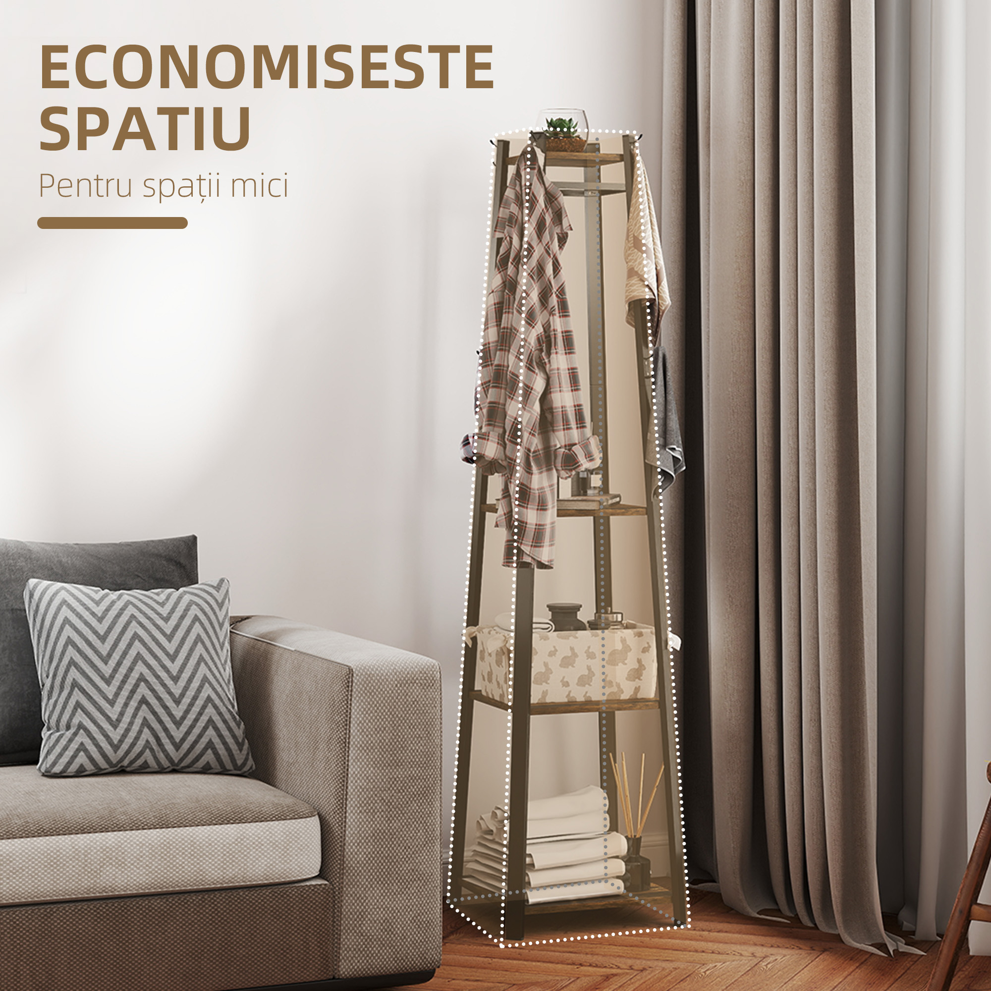  Cuier de Podea cu 8 Carlige, 3 Rafturi si Polita Superioara, Maro [4]