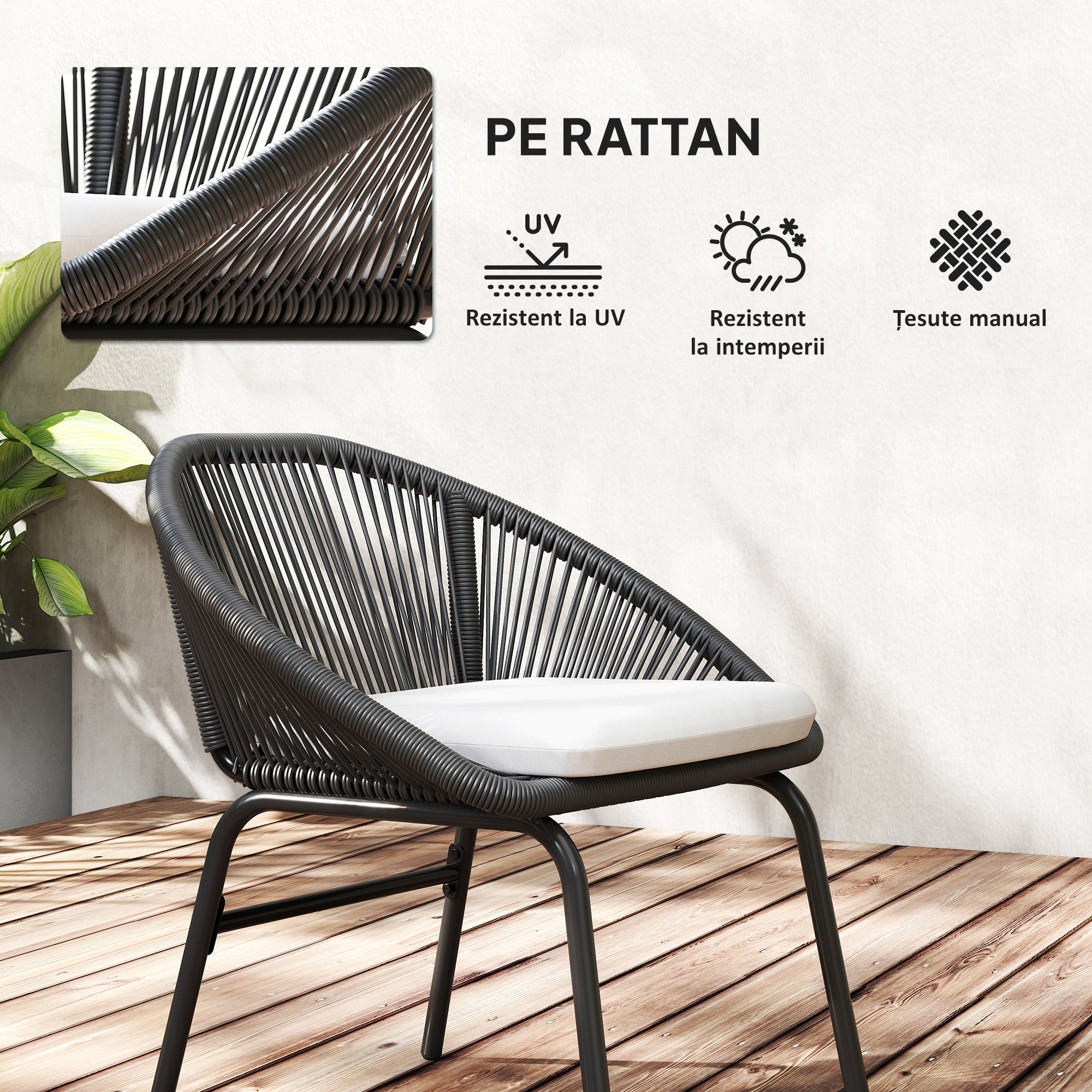  Set Bistro pentru Terasa din 3 Piese, Set cu Perne Moi pentru Sezut, Set de Mobilier din Rachita, Negru [5]