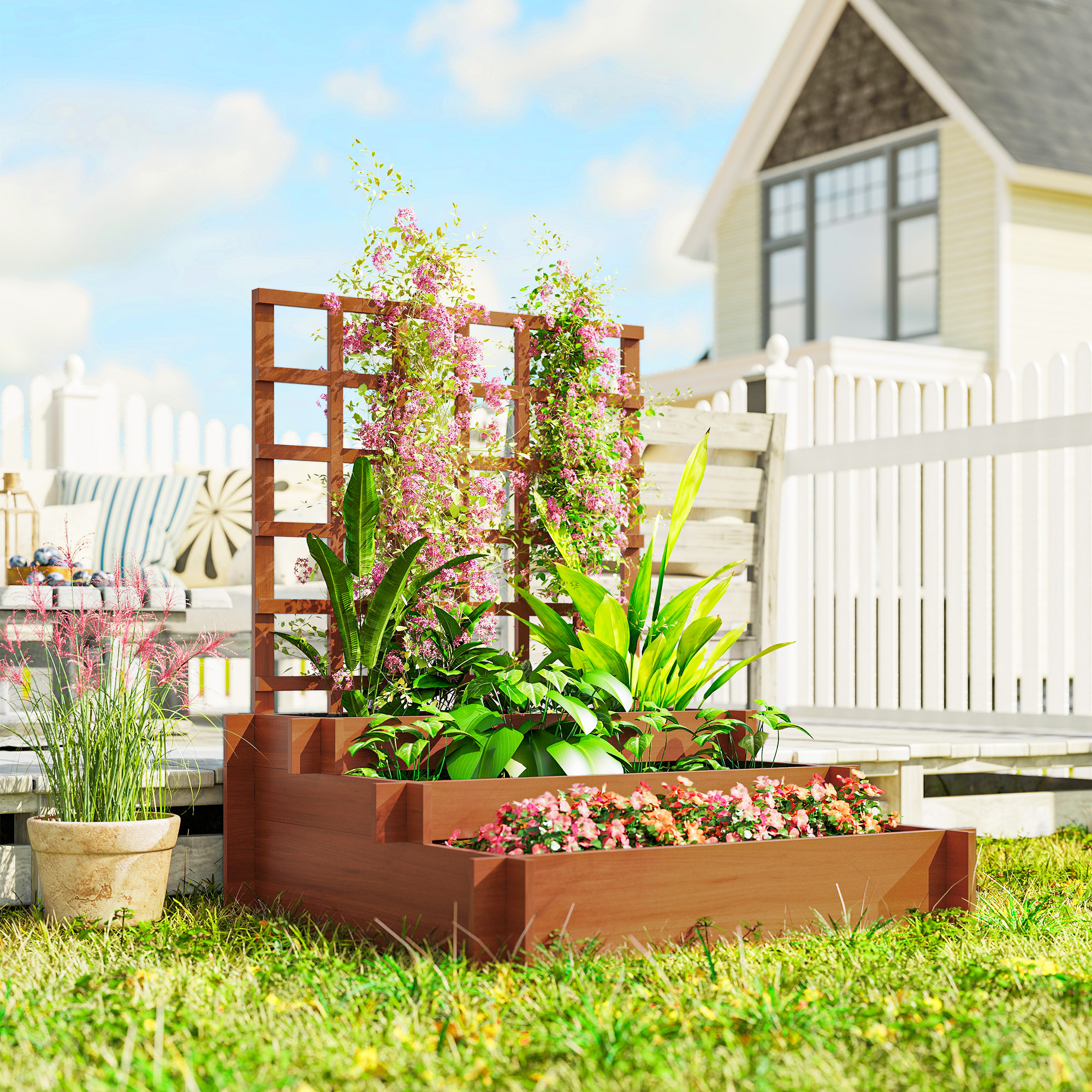  Jardiniera cu grilaj pe 3 niveluri din lemn de brad si material netesut, 95x95x110 cm, maro [7]