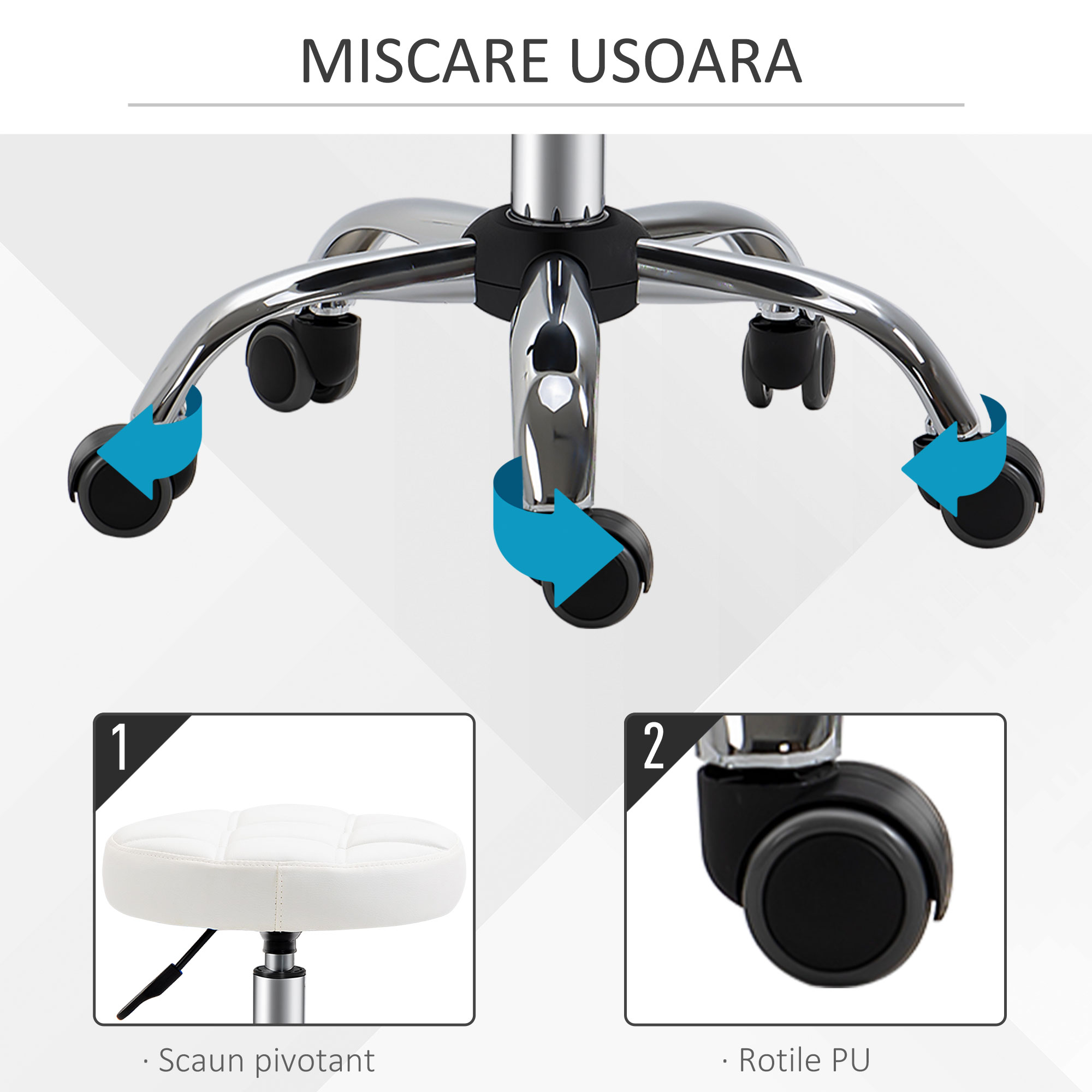  Scaun Rotativ Rotund cu Roti, inaltime Reglabila si Tapiterie din Piele Ecologica, Alb [5]