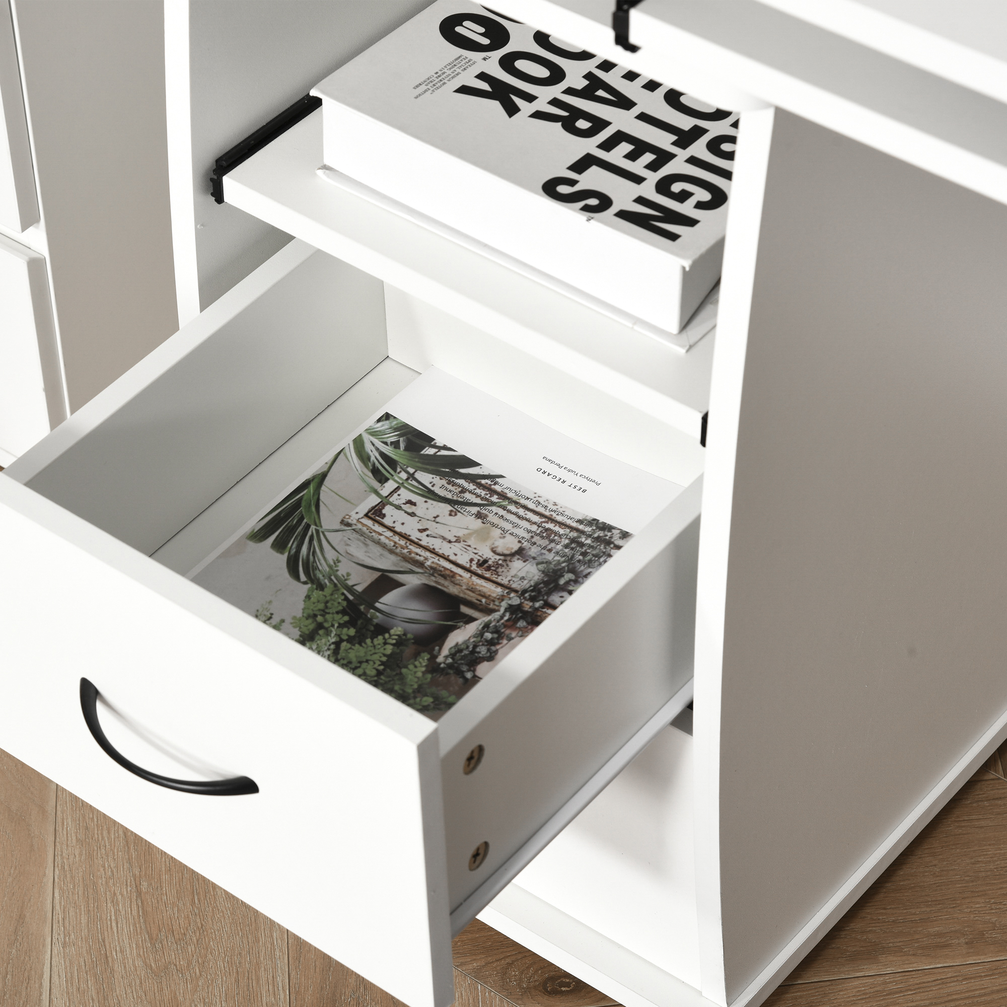  Birou pentru PC cu Polita pentru Tastatura si Monitor si 2 Sertare, 120x55x85 cm, Alb [6]