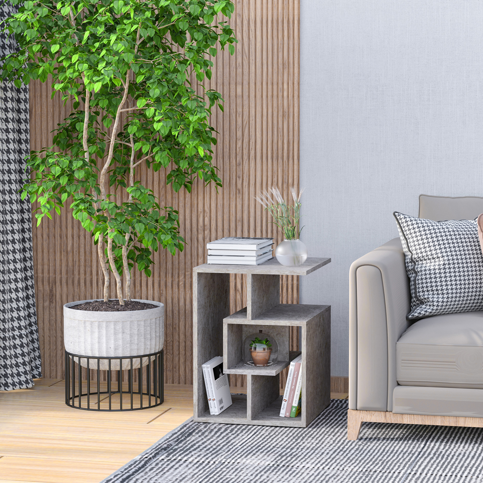  Biblioteca pe 3 niveluri in Lemn Gri Efect Ciment 45x40x55cm [1]