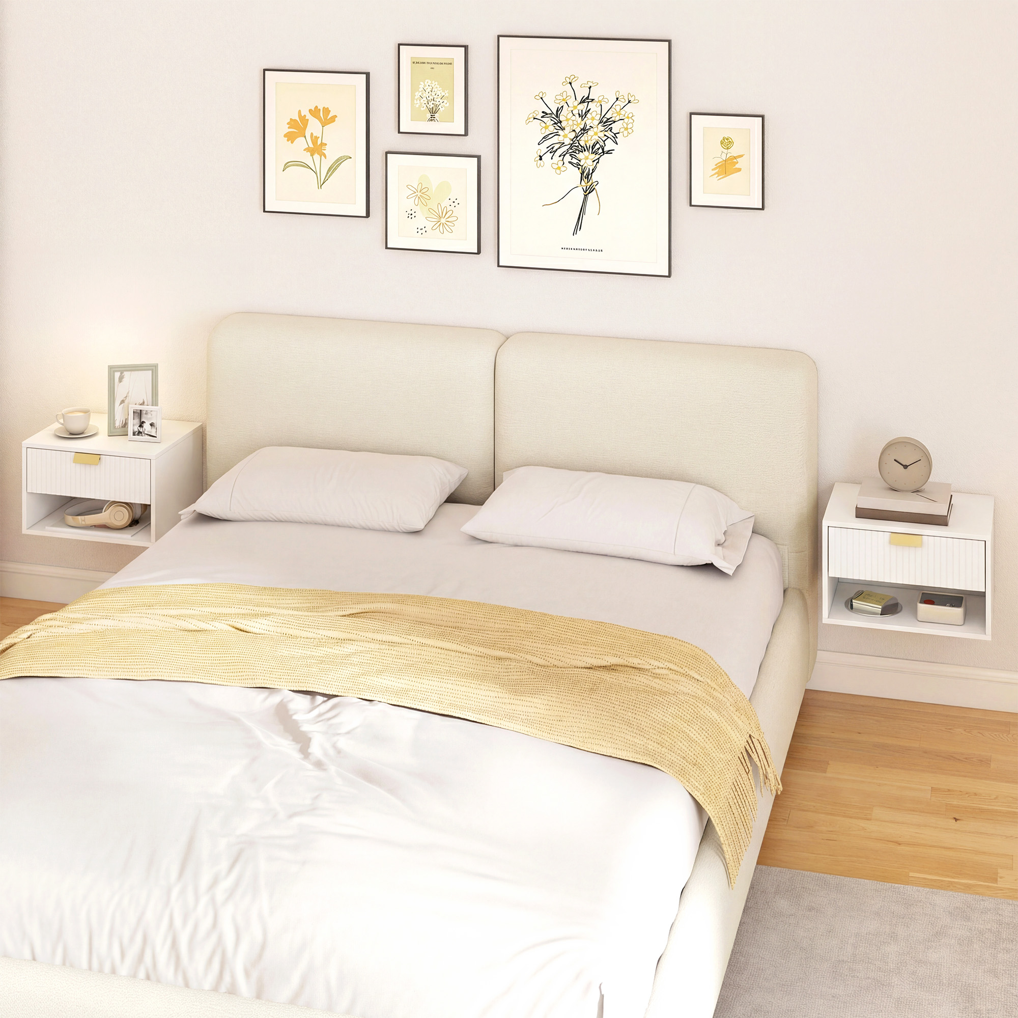  Set de 2 Noptiere Suspendate cu Sertar Decorat si Raft Deschis, Alb [7]