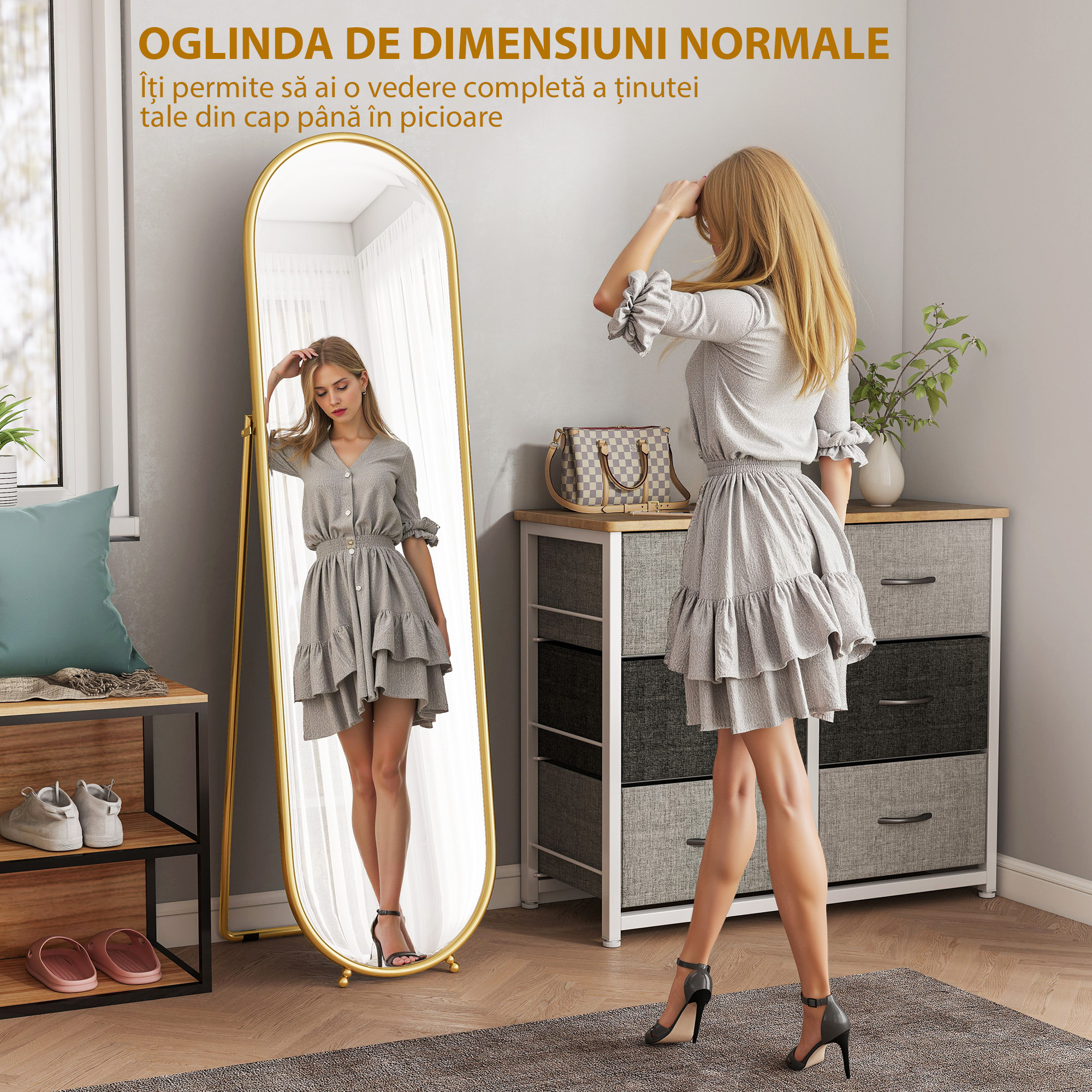  Oglinda de Podea Ovala Rezistenta la Spargere, Moderna, 50x4x180 cm, Auriu [3]