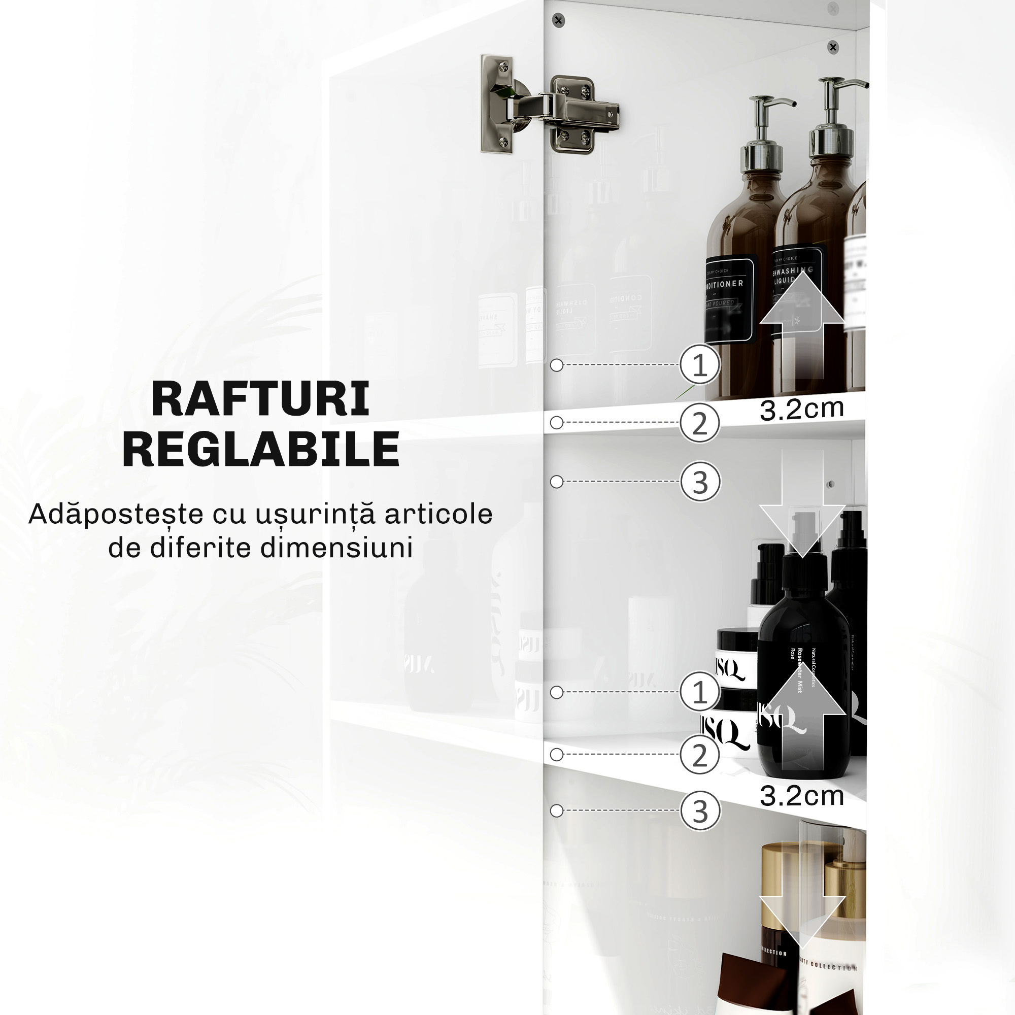  Dulap de Baie Modern, Dulap inalt de Baie cu Doua Usi si Rafturi Reglabile din Lemn, 40x30x167,5 cm, Alb Lucios [4]