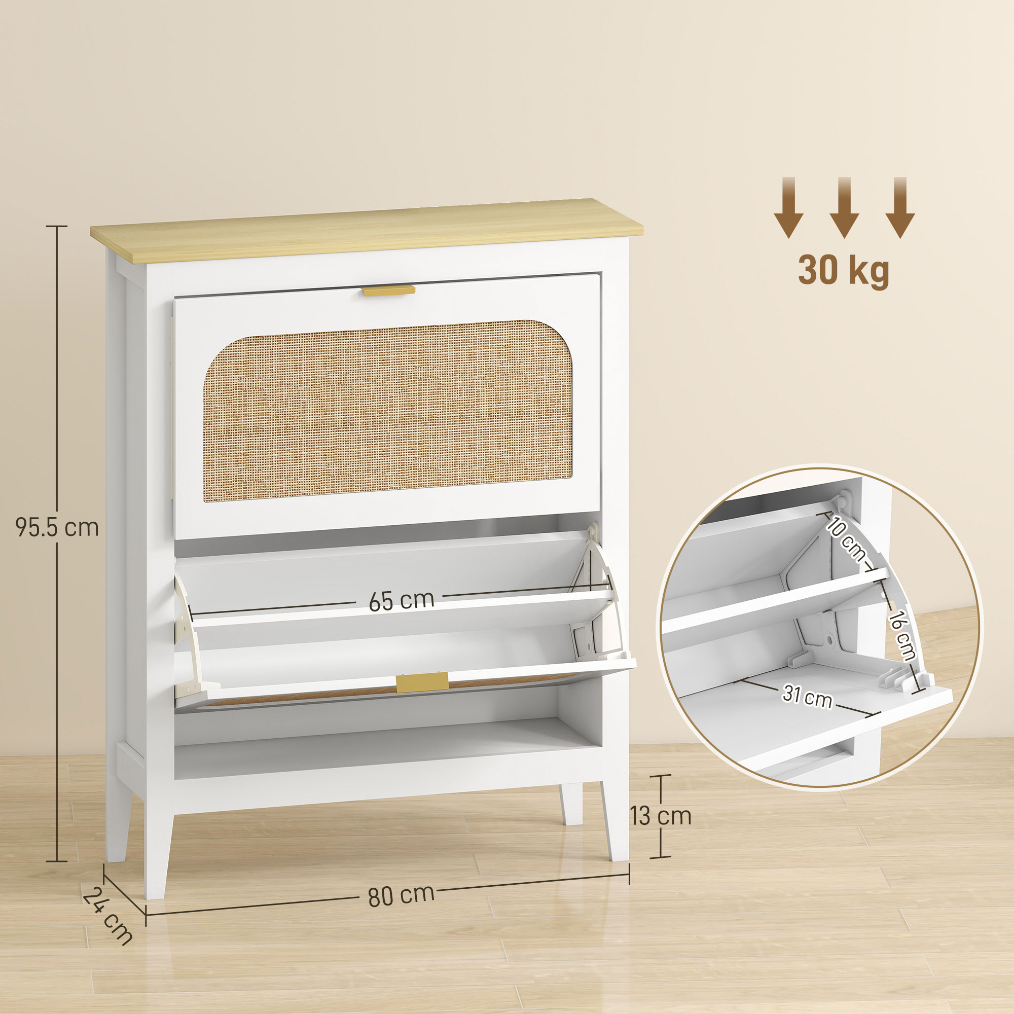  Pantofar Slim Stil Boho cu 2 Sertare Rabatabile pentru 14 Perechi de Pantofi, 80x24x95,5 cm, Alb [2]