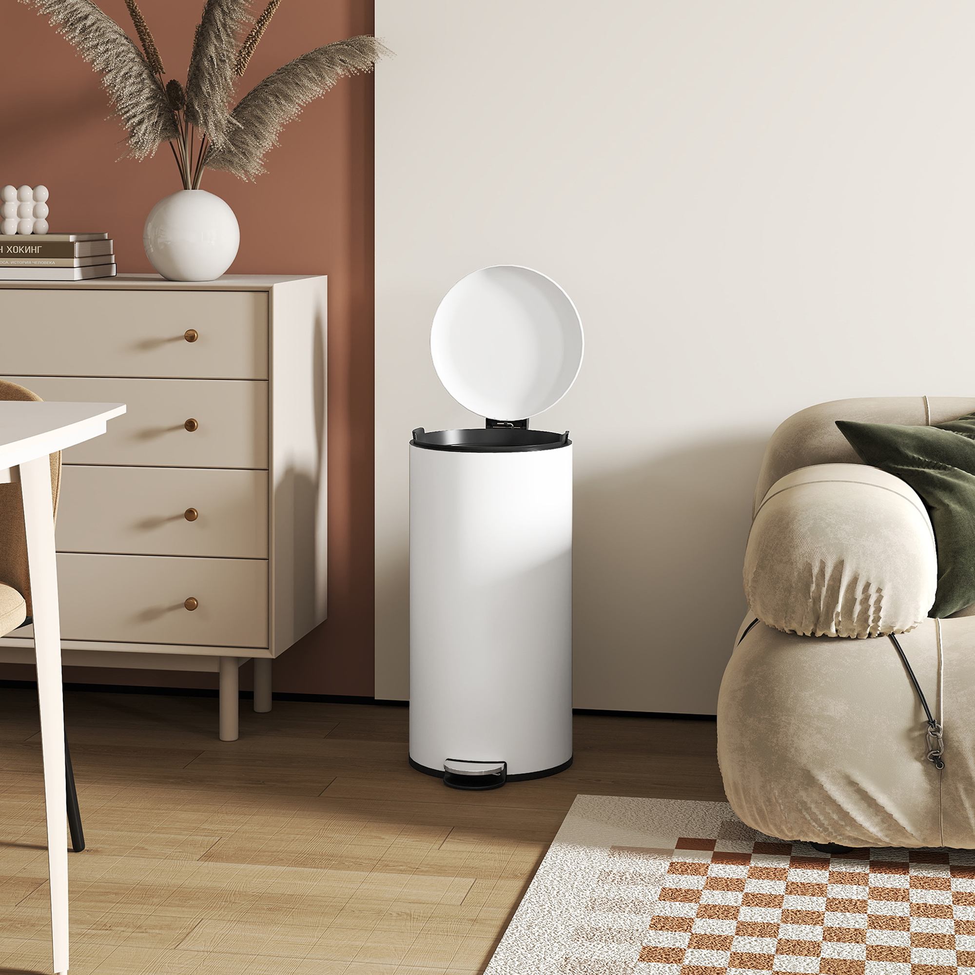  Cos de Gunoi cu Pedala 30L, cu Capac cu inchidere Lenta, din Metal si PP, 36x30x63.5 cm, Alb Crem [8]