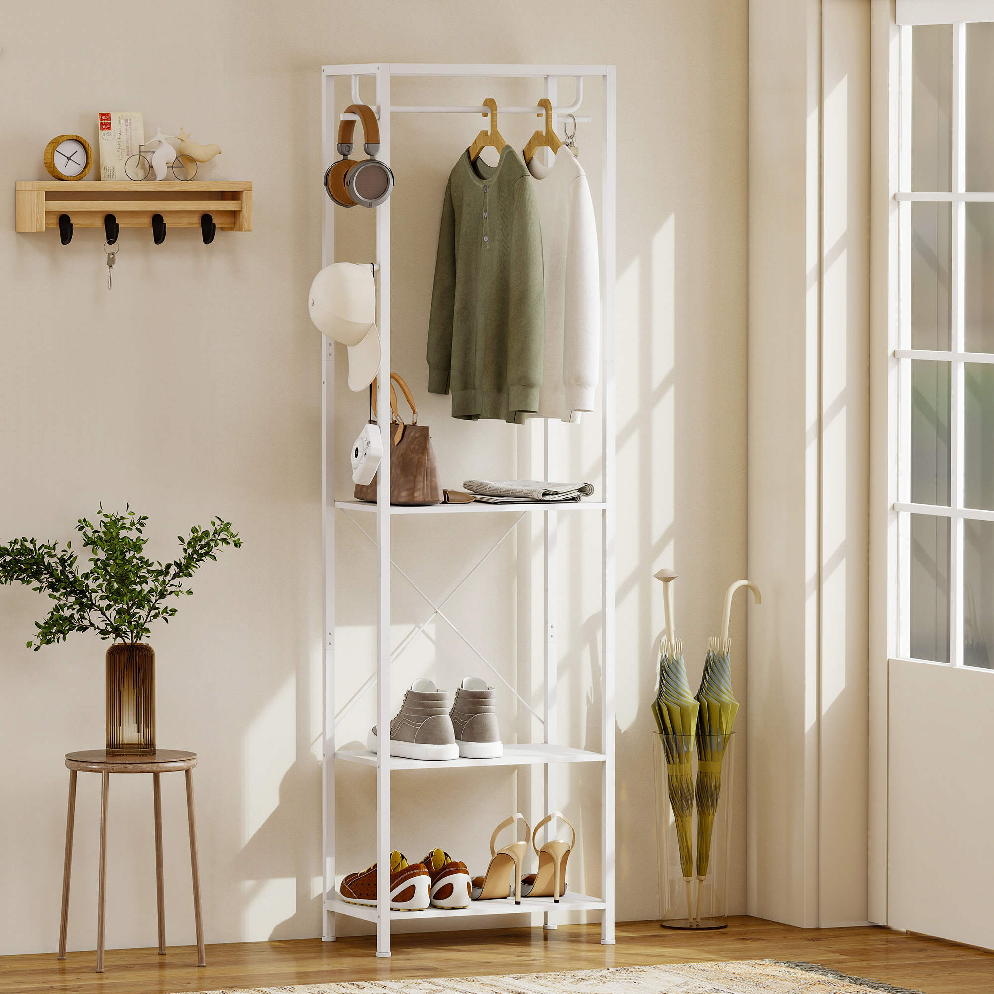  Cuiere de Podea cu Suport pentru incaltaminte, 4 Carlige si Raft 52x30x180cm Alb [1]