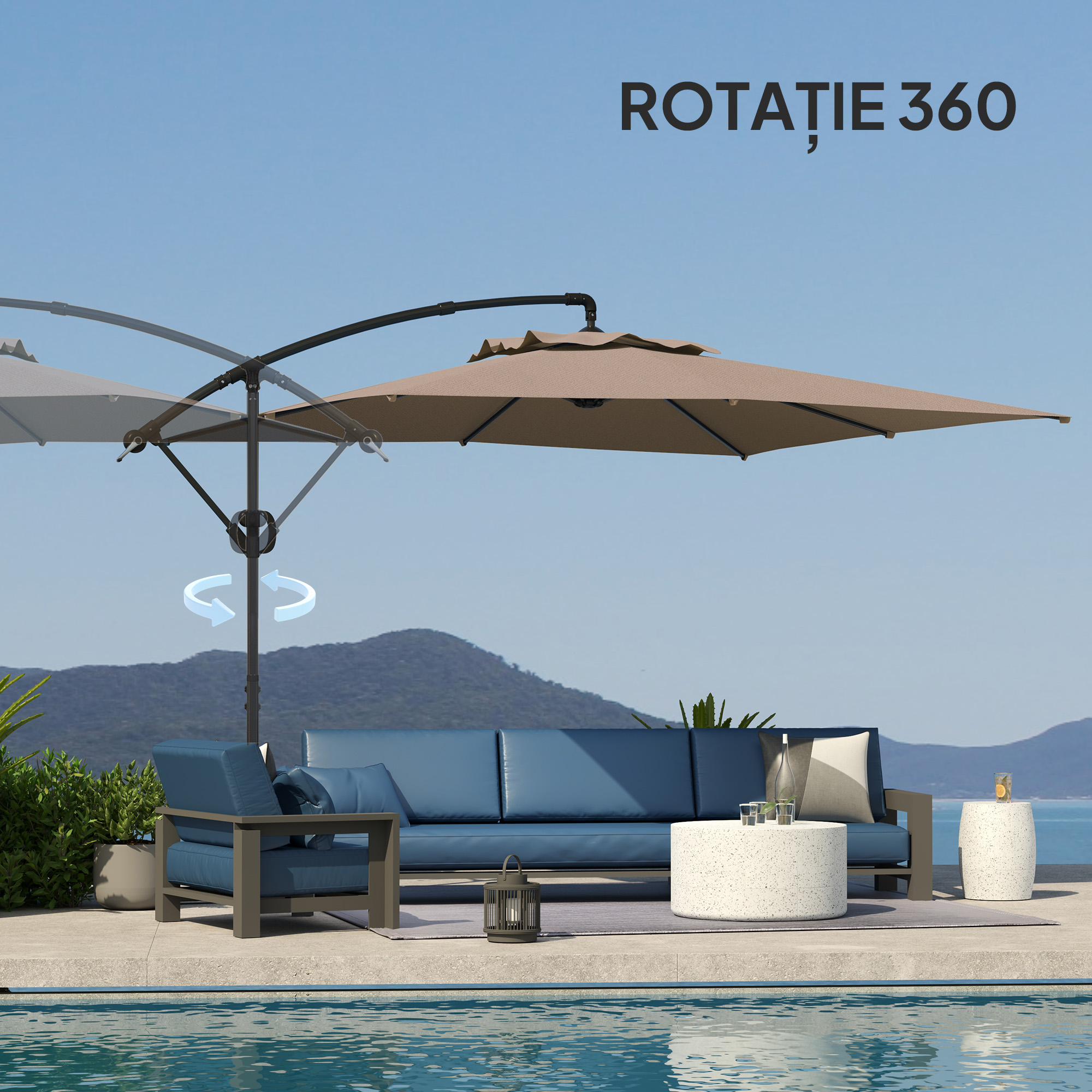  Umbrela cu Brat 3x3 m cu Acoperire Reglabila si Baza in forma de Cruce, din Metal si Poliester, culoare Kaki [6]