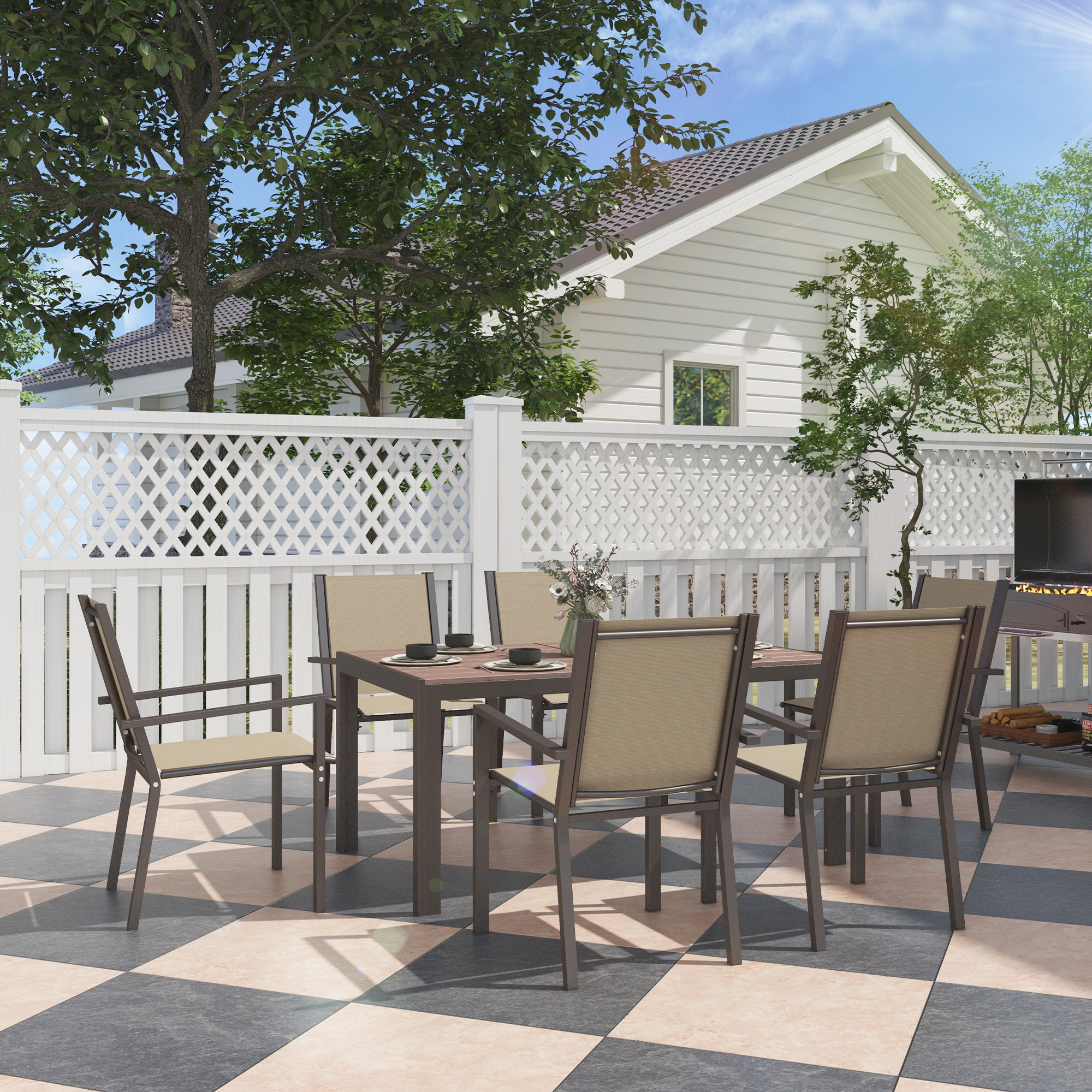  Set de Gradina din 7 Piese cu Masa din Plastic-Lemn si 6 Fotolii Stivuibile cu sezut si Spatar, 150x90x73 cm, Maro [1]