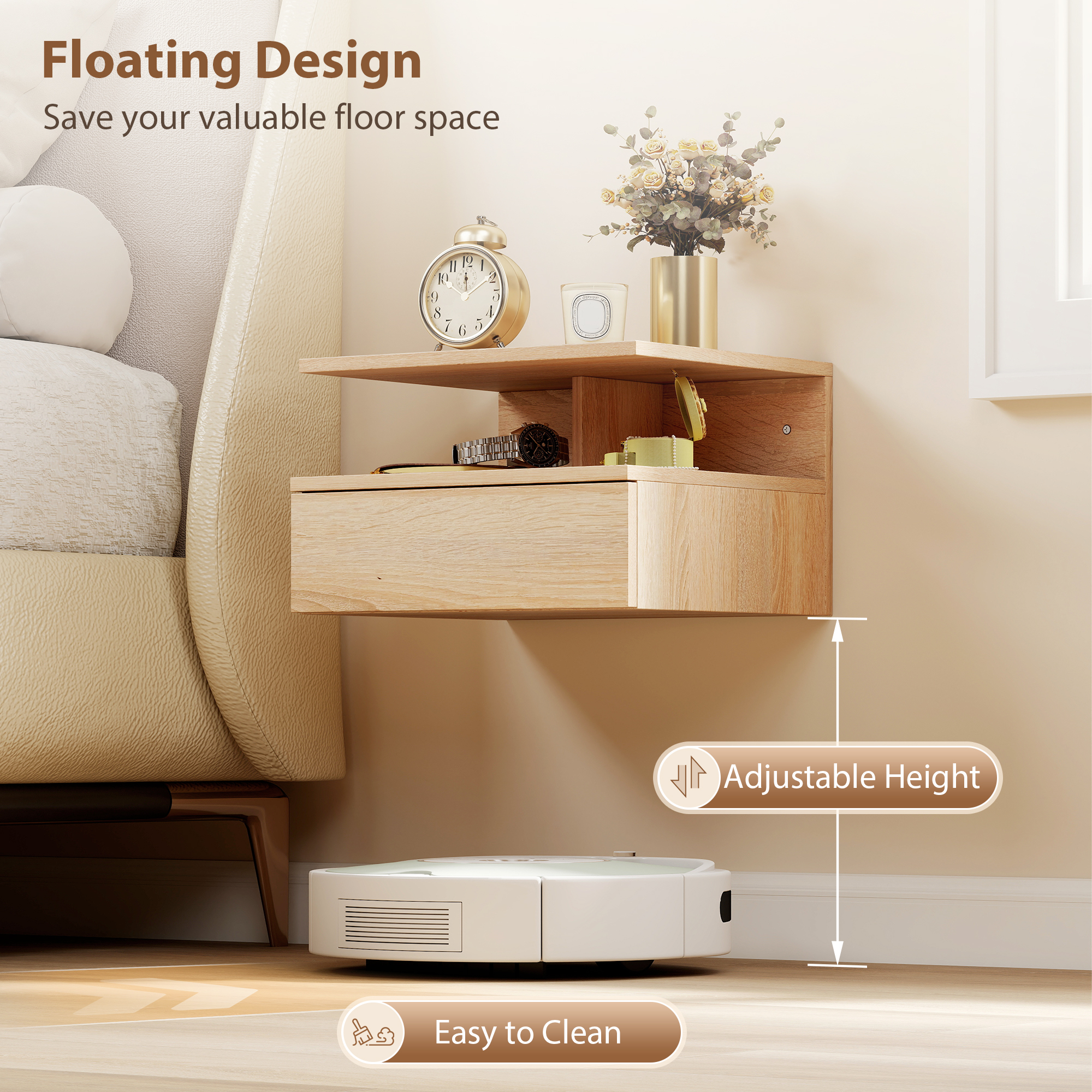  Set de 2 noptiere moderne suspendate pentru dormitor cu sertar si raft din lemn 35x32x22,5cm, stejar [6]