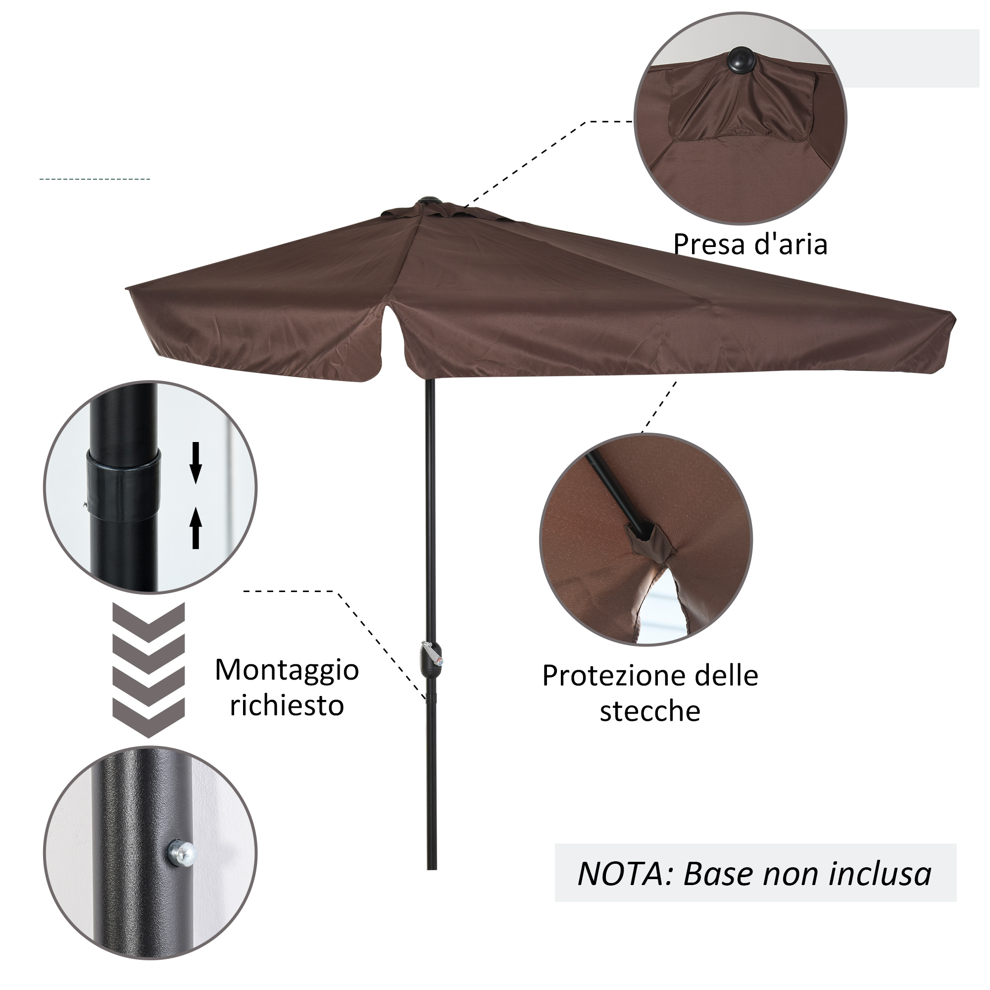 Umbrela de soare Semicirculara  pentru Terasa si Gradina, Umbrela de soare Semiluna pentru Perete cu Manivela, 230x130x249cm, Culoare Cafea [4]