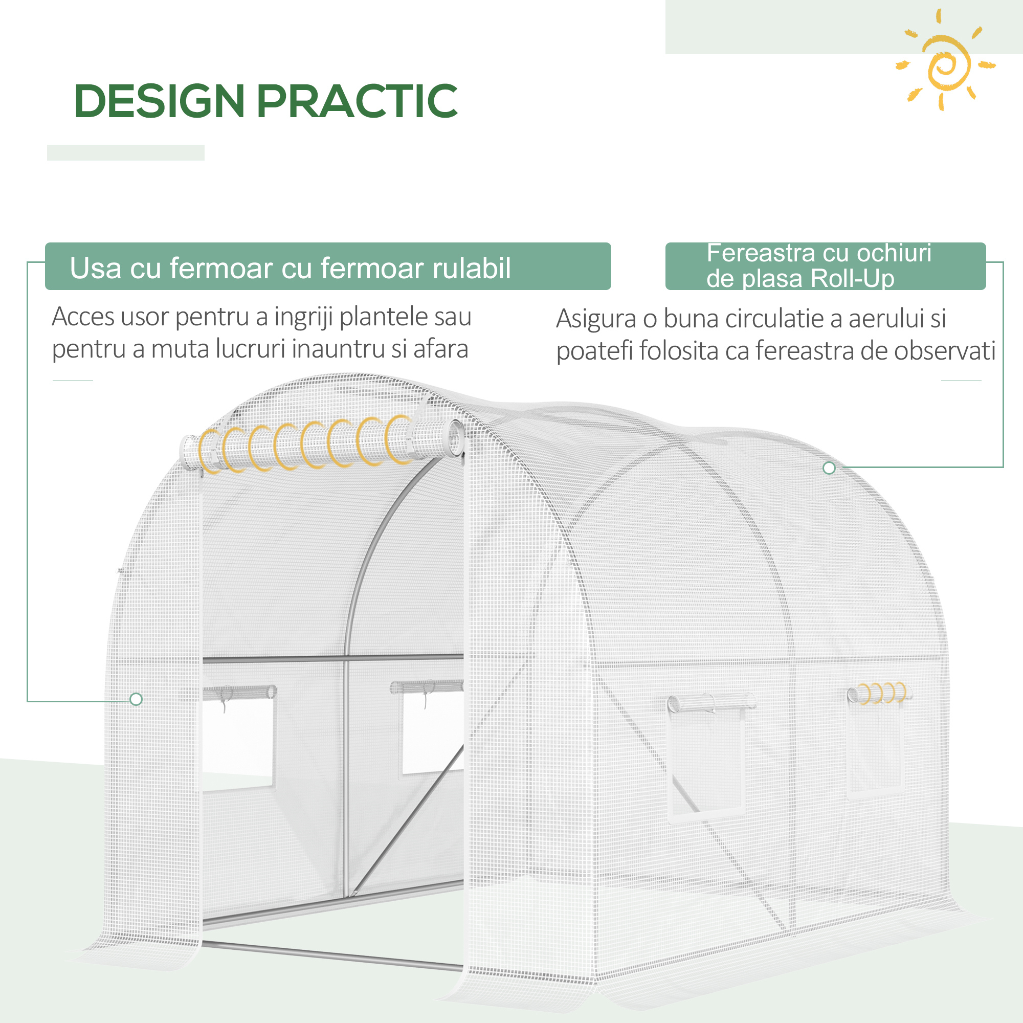  Sera tip tunel cu 4 ferestre si intrare cu fermoar din otel galvanizat si polietilena, 3x2x1,9 m, alba [5]