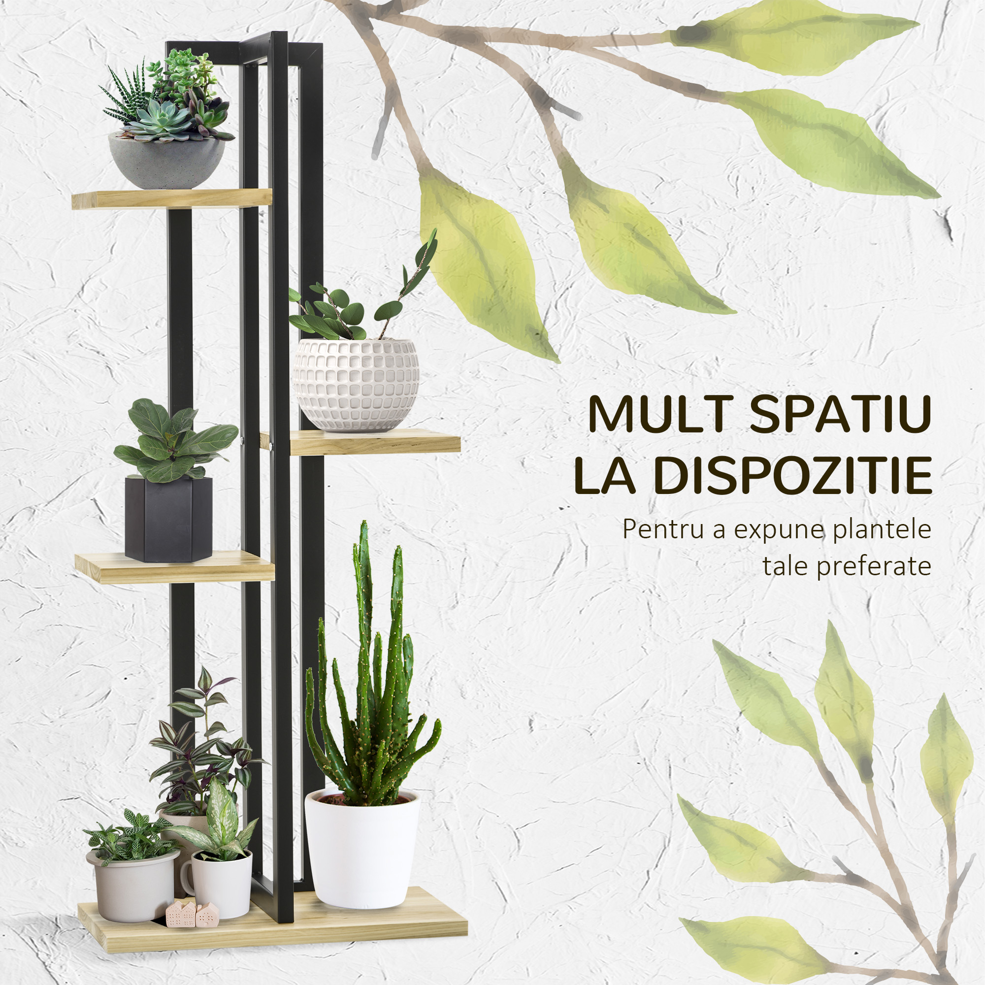  Suport pentru Plante cu 4 Etaje din Lemn de Brad si Metal, 45x25x110 cm, Negru [3]
