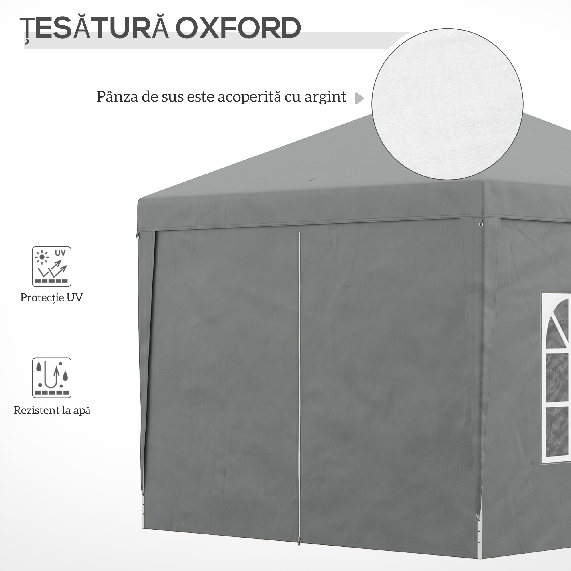  Foisor de Exterior 3x3 m Pliabil cu 4 Panouri Laterale, din Otel si Material Oxford, Gri Deschis [5]