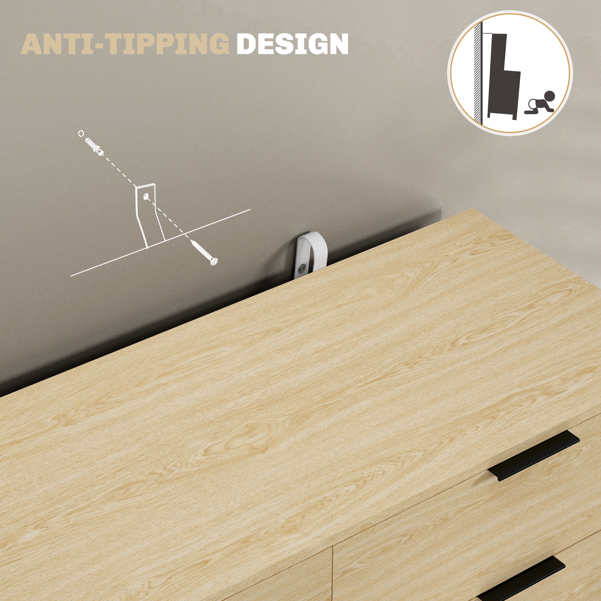  Comoda cu 6 Sertare, Unitate de Depozitare pentru Dormitor, Living, 110x40x75 cm, Lemn Natural [5]