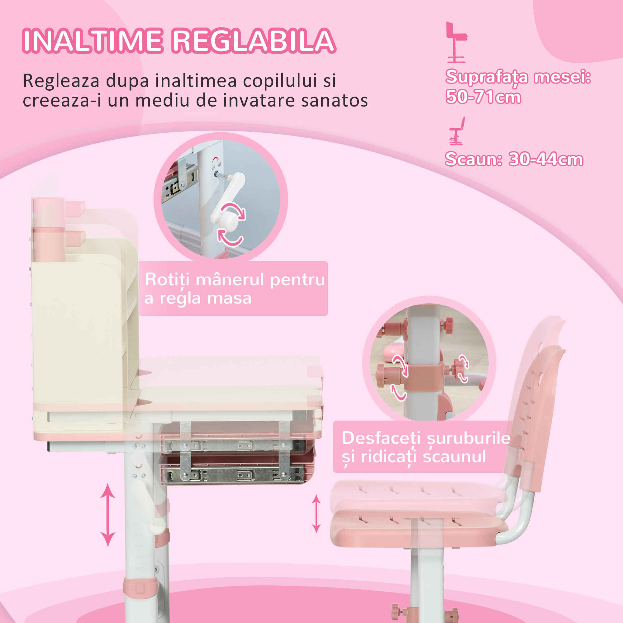  Set de Birou si Scaun pentru Copii de la 3 Ani Reglabil, Masa Inclinabila 60° cu Sertar si Rafturi, Roz [4]