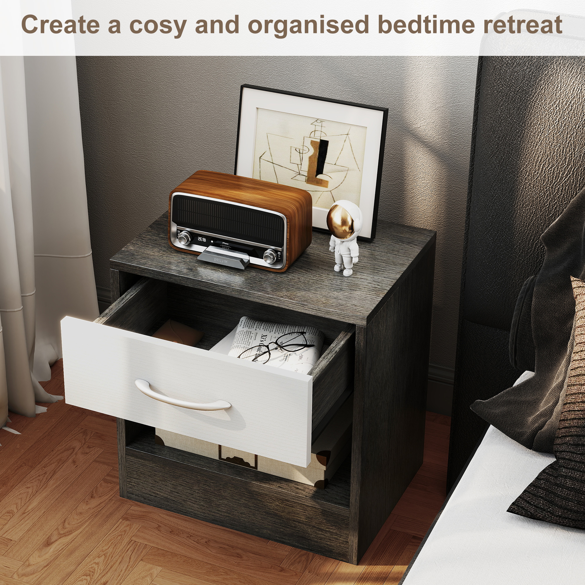  Set de 2 Noptiere Moderne cu Raft Deschis si Sertar, din Lemn, 39x28x41 cm, Alb si Gri inchis [4]