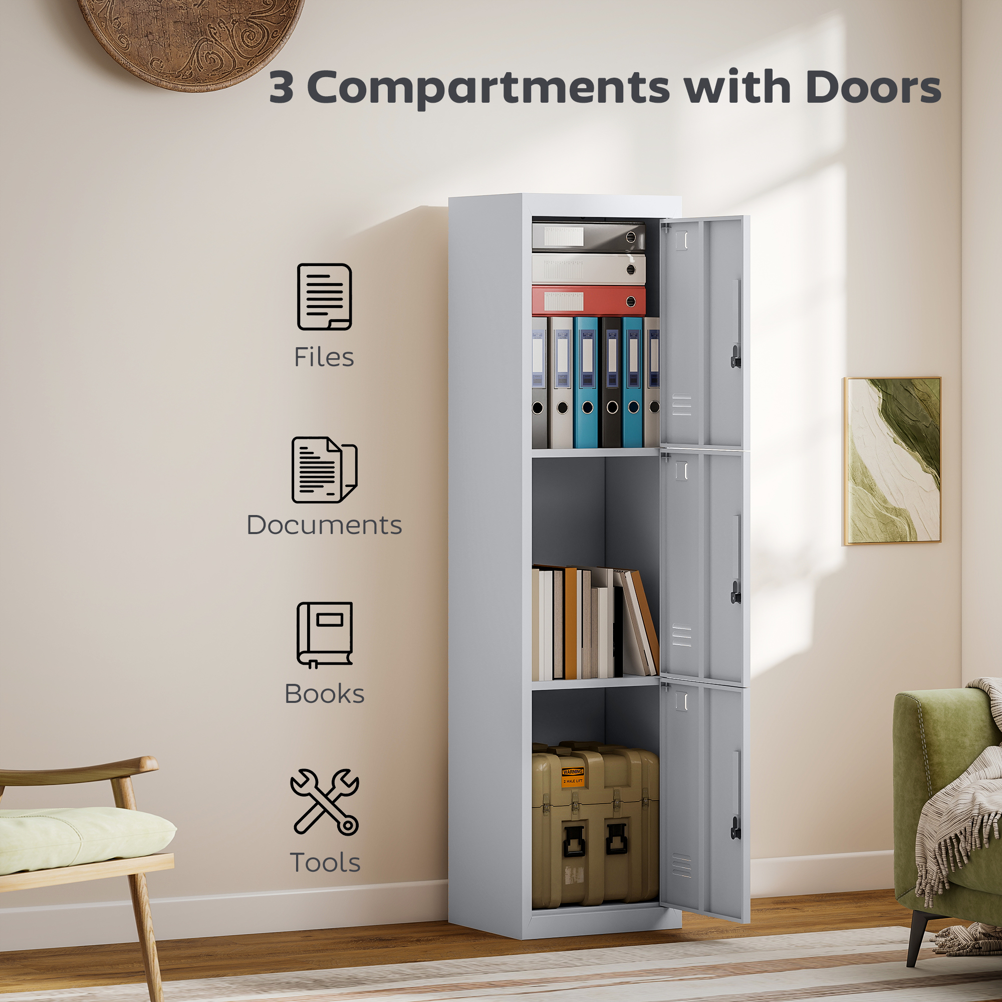  Dulap pentru Birou din Otel cu 3 Usi Independente si 2 Chei, 45x38x180 cm, Gri Deschis [3]