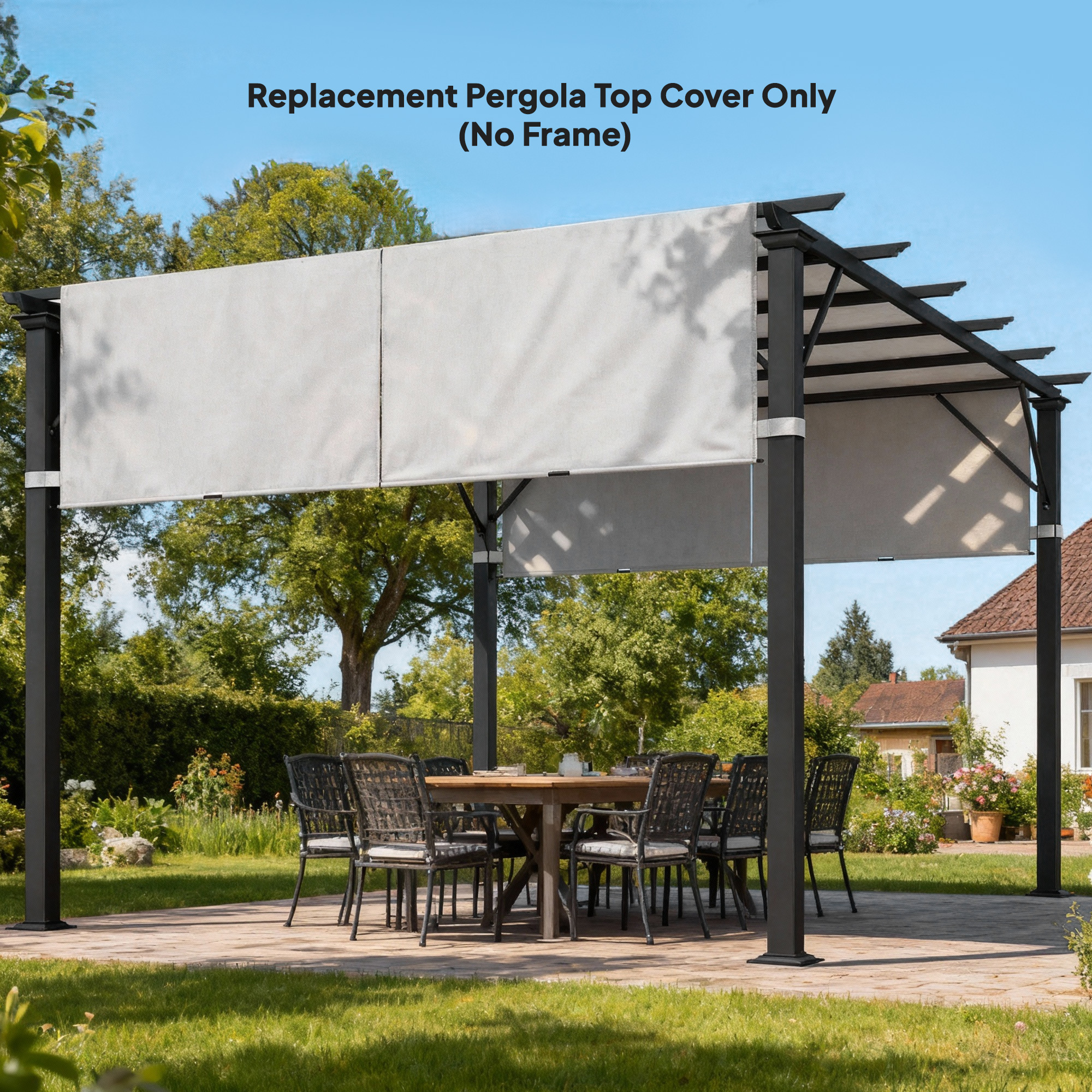  Prelata Pergola Foisor 3x3 m cu Buzunare si Curele pentru Bare, din Poliester, 488x122 cm, Gri Deschis [8]