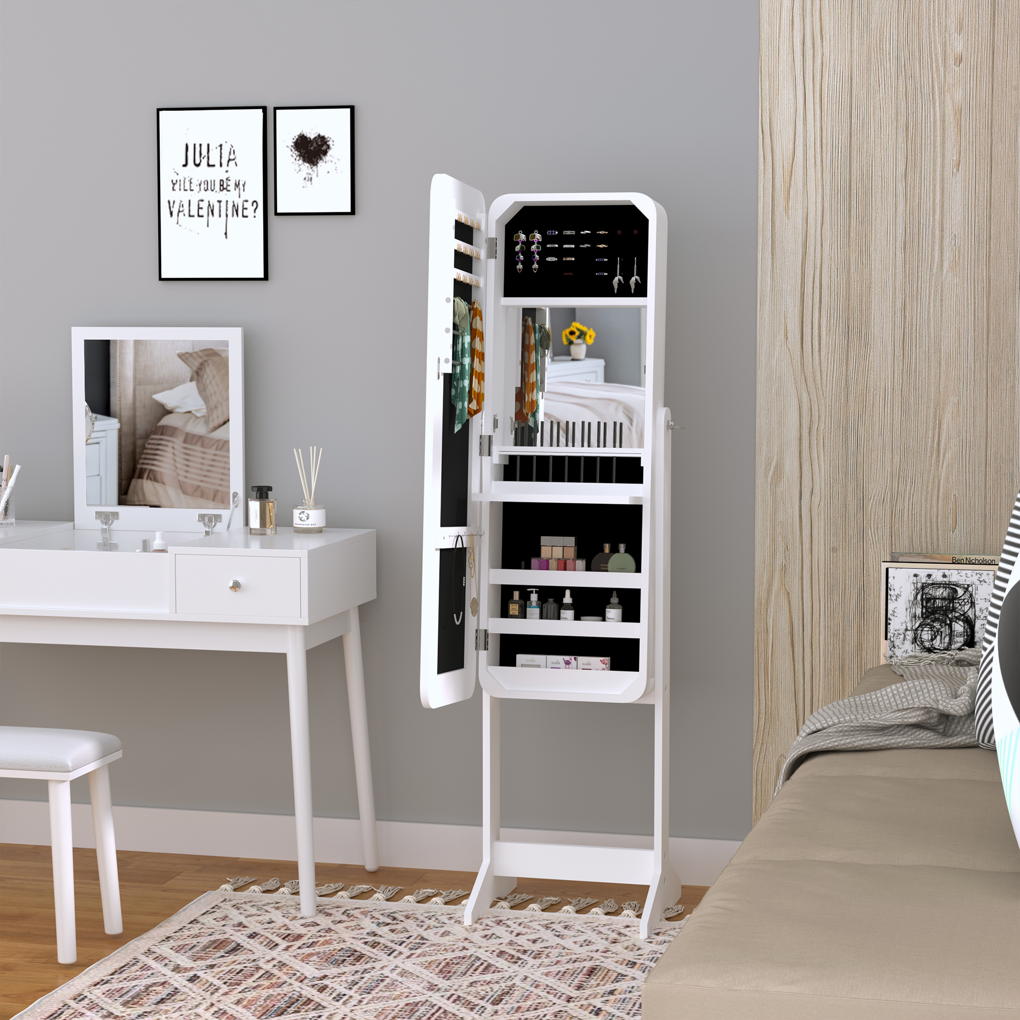  Dulapior Cutie de bijuterii cu Oglinda si Iluminare LED Automata, Alb, 30x146x36 cm [1]