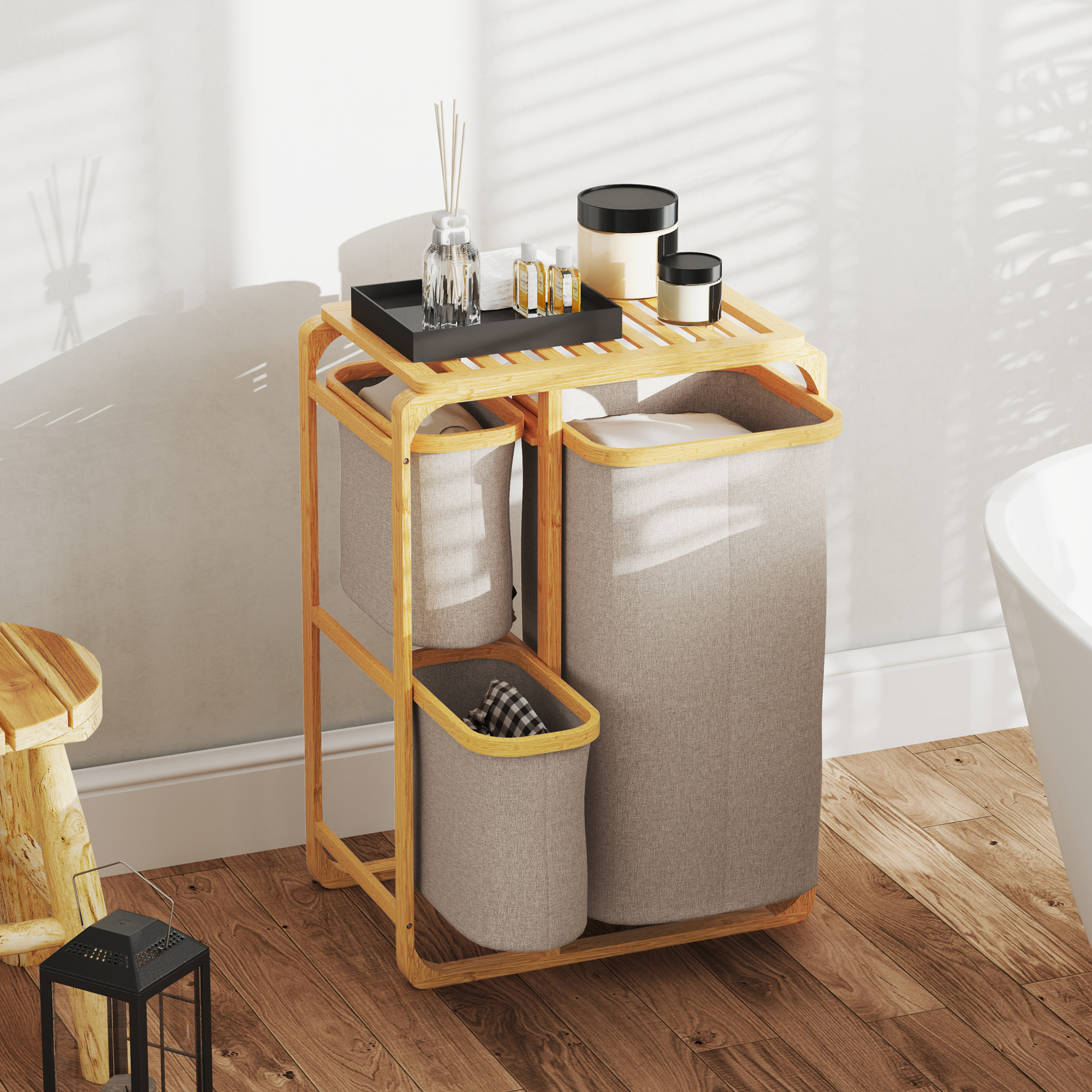  Cos pentru Rufe cu 3 Saci si Rafturi Detasabile din Material Textil din Bambus, 50x32x69,7 cm, Alb Crem [7]