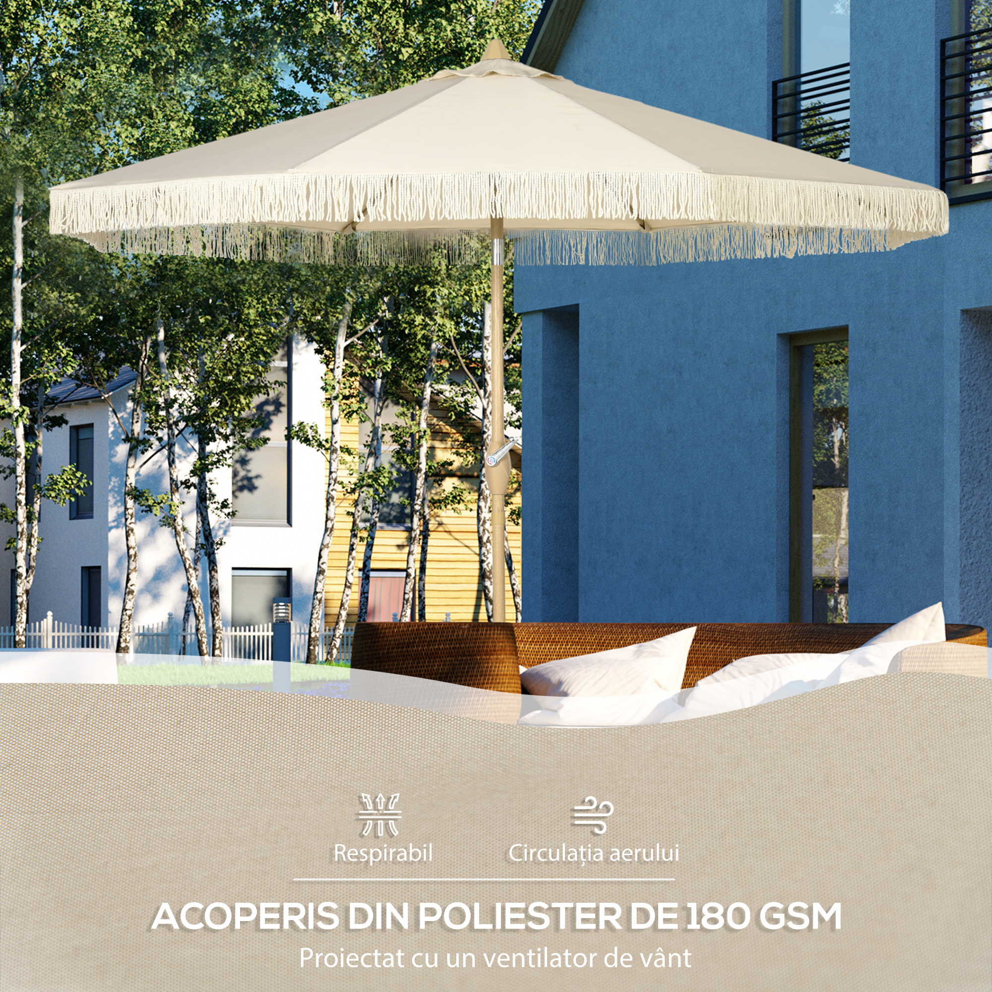  Umbrela de Gradina inclinabila pe 3 Niveluri cu Franjuri, Manivela si Tija cu 2 Sectiuni, Ø265x244 cm, Crem [5]