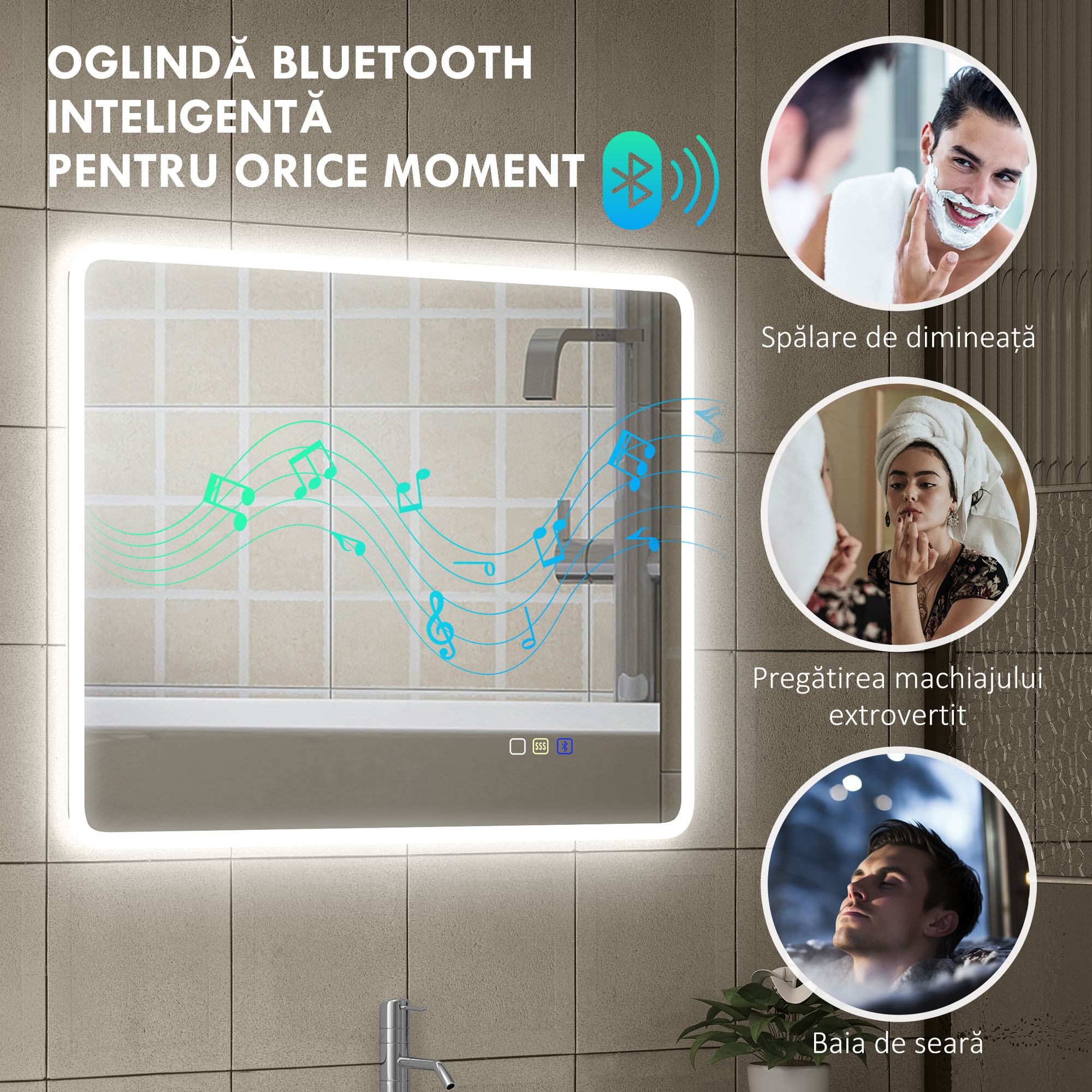  Oglinda de baie LED bluetooth 70 x 90 cm interruptor tactil lumina reglabila 3 culori anti-abur memorie argintiu [4]