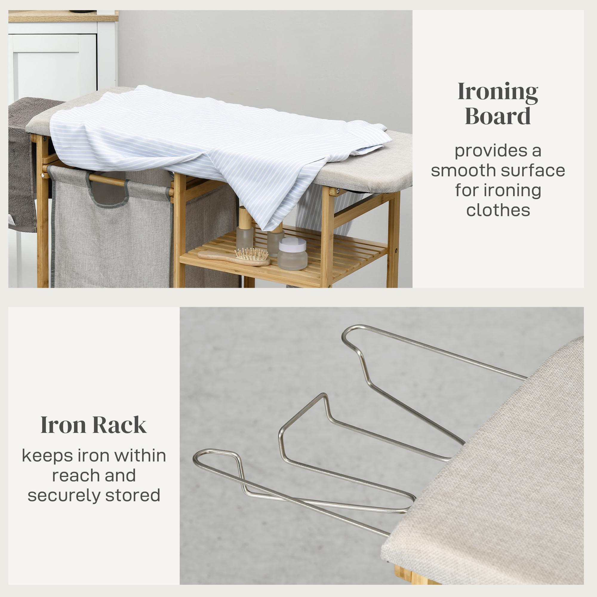  Cos pentru rufe din bambus si poliester cu masa de calcat si raft cu 3 niveluri, 113x34x82 cm [4]