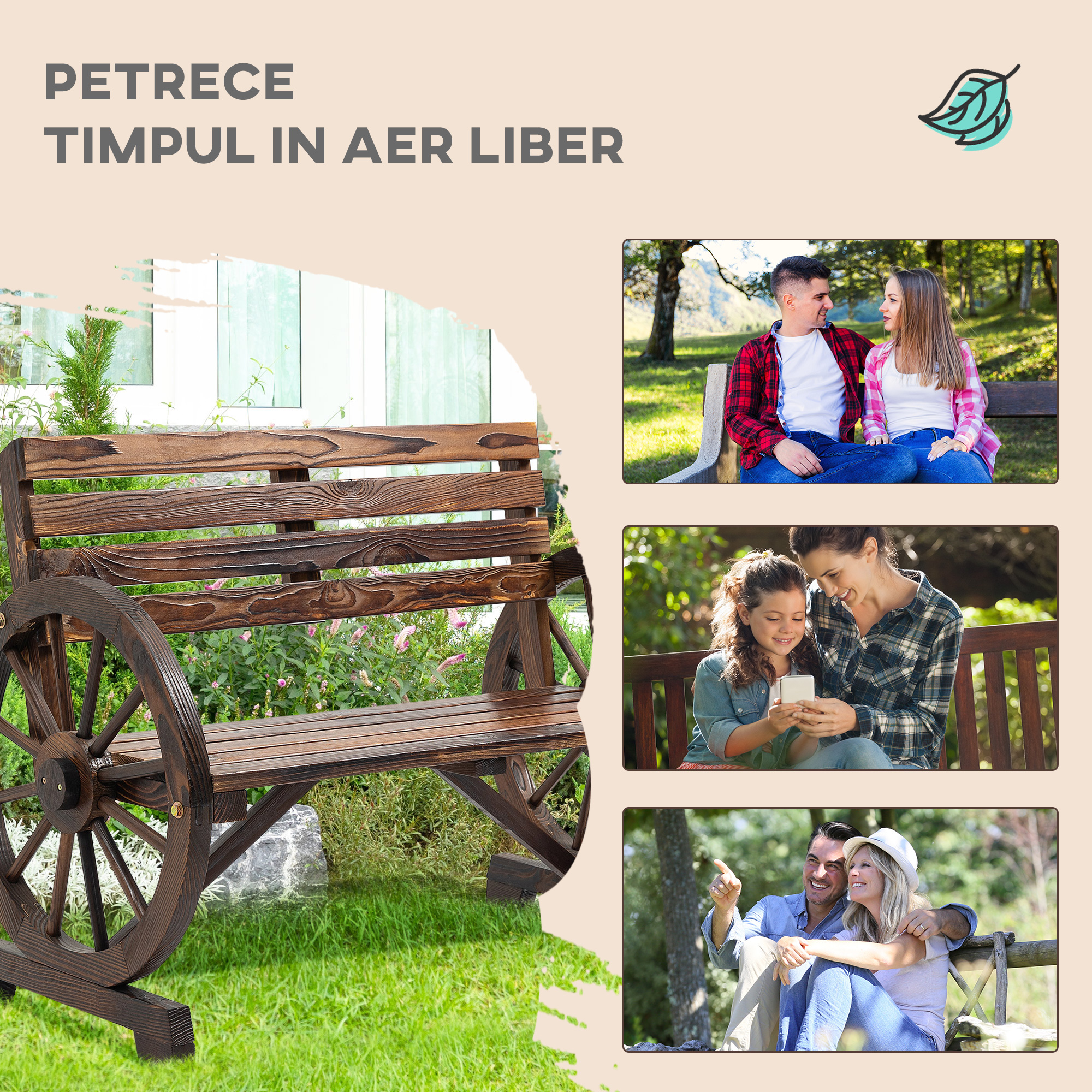  Banca de gradina cu 2 locuri, sipci din lemn, brate in forma de roata de caruta, 105,5x56x79 cm, maro ars [6]