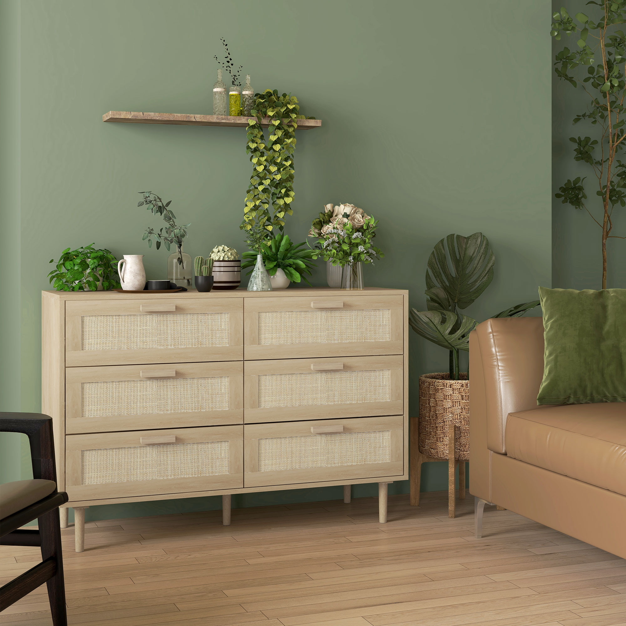  Comoda cu 6 Sertare din Lemn si Ratan Stil Boho pentru Living si Dormitor, 110x40x75 cm [1]