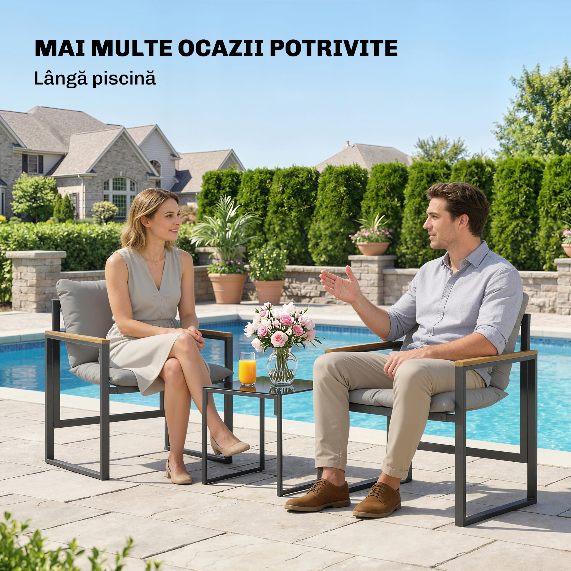  Set Bistro pentru 2 Persoane, Set din 3 Piese pentru Gradina cu Cadrul din Metal si Perne Groase [7]