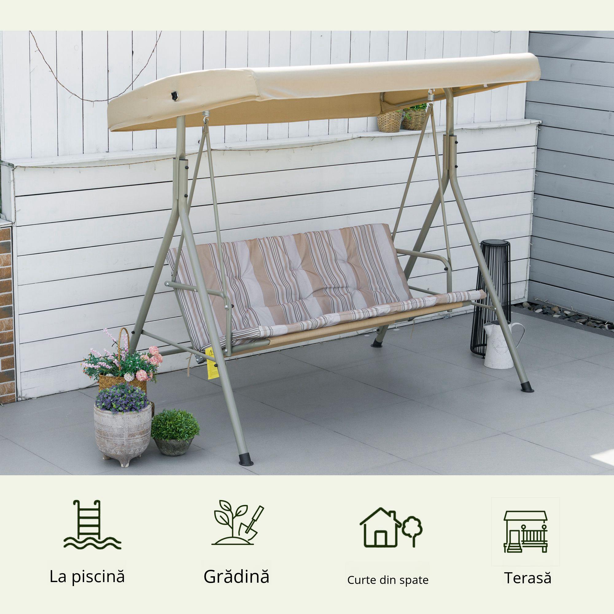  Dondolo da Giardino 3 Posti in Acciaio con Tetto Regolabile e Cuscini [3]