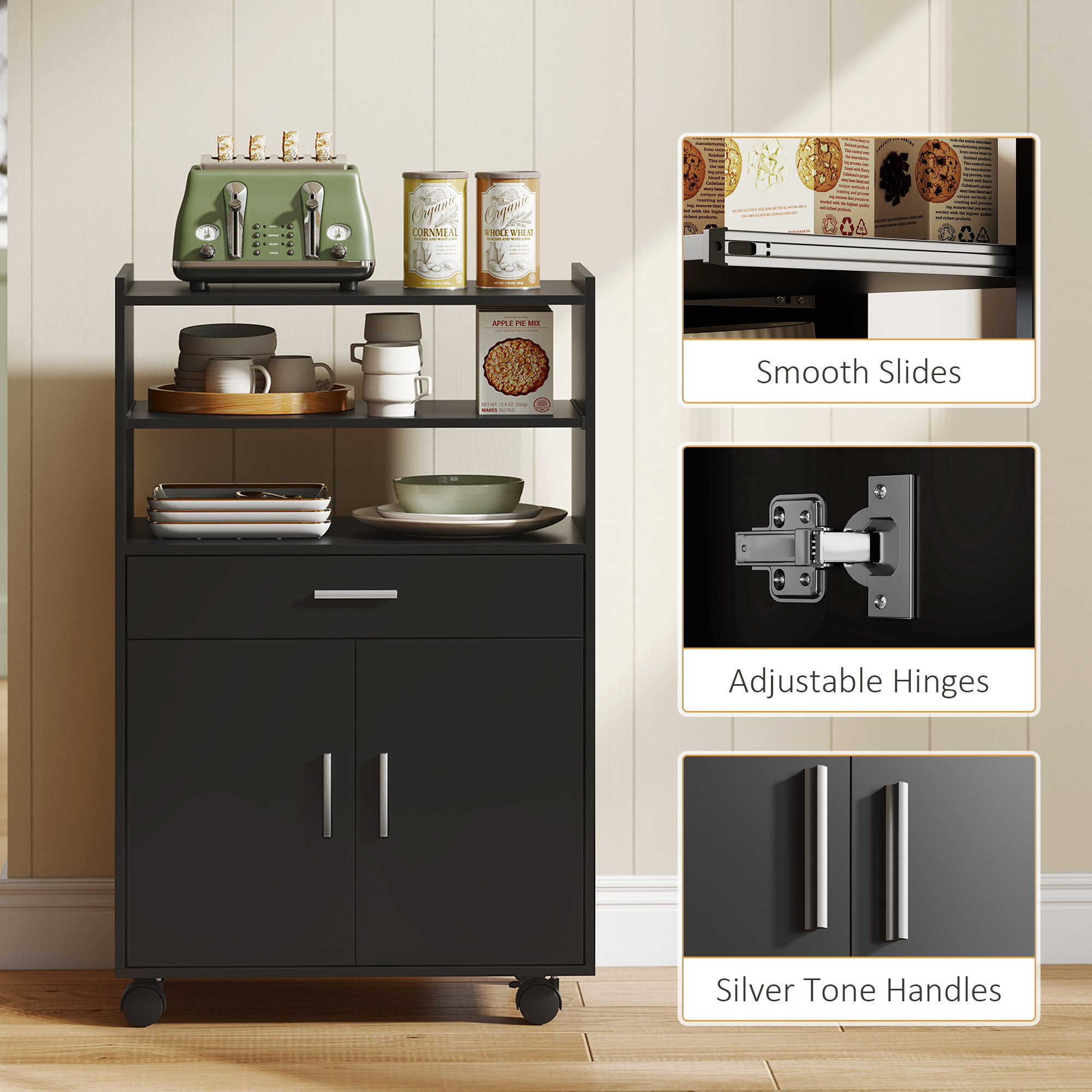  Dulap pentru Cuptorul cu Microunde cu Sertar, Dulap si 2 Rafturi Negru [6]