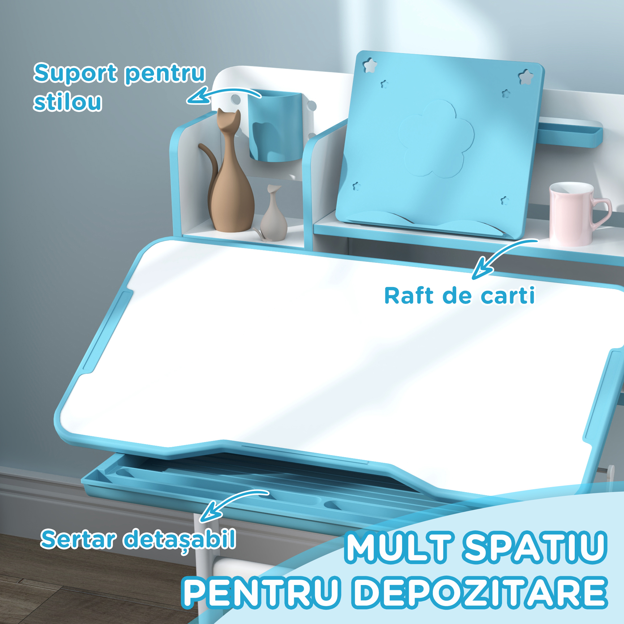  Set Birou si Scaun pentru Copii 3-12 Ani, Reglabil pe inaltime cu Blat inclinabil 0-45° 80×55×107,5 cm, Albastru [5]